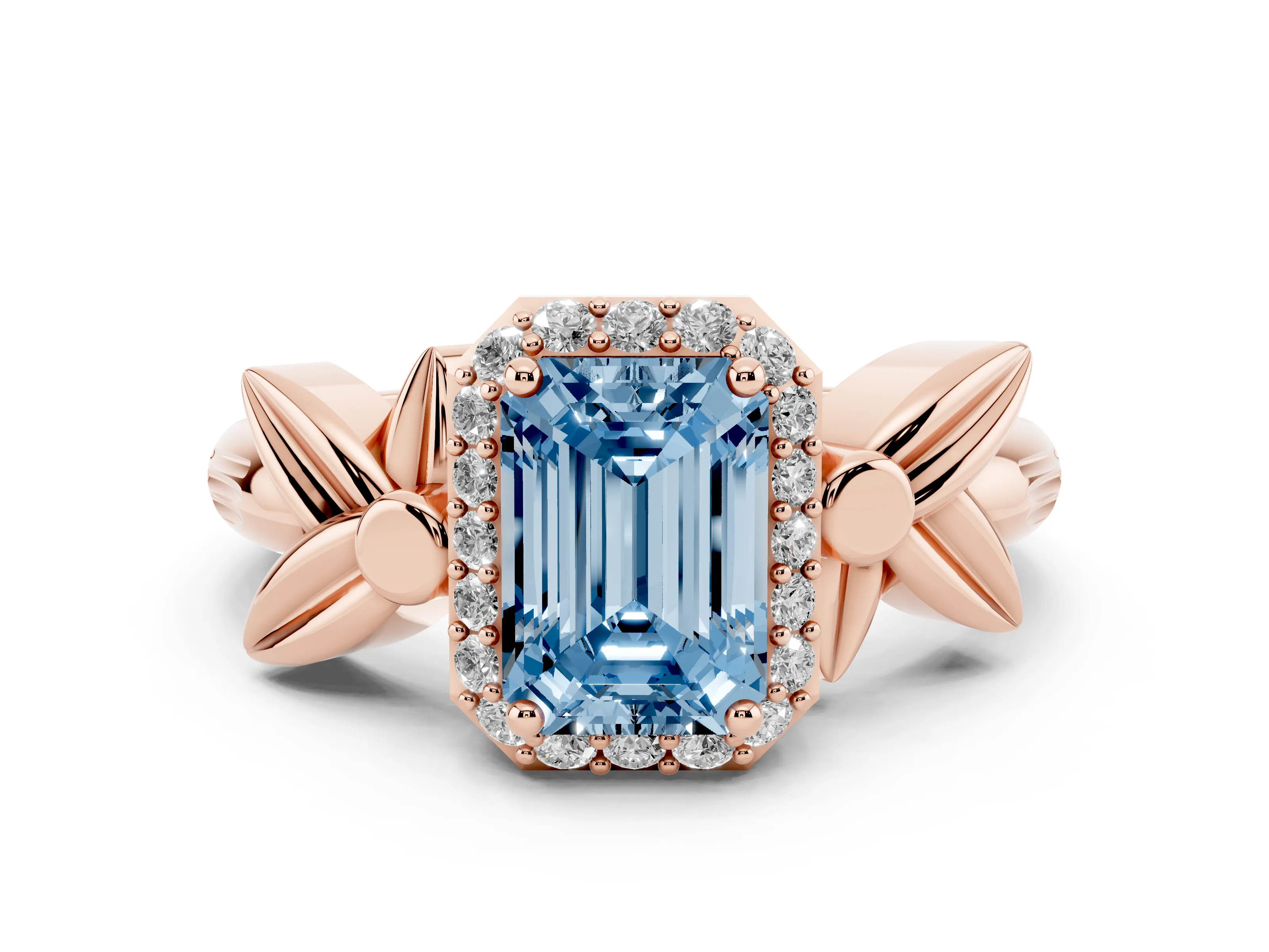 Fancy Blue Emerald Cut Diamond Halo Floral Band Ring Set in Rose gold with Prong Setting