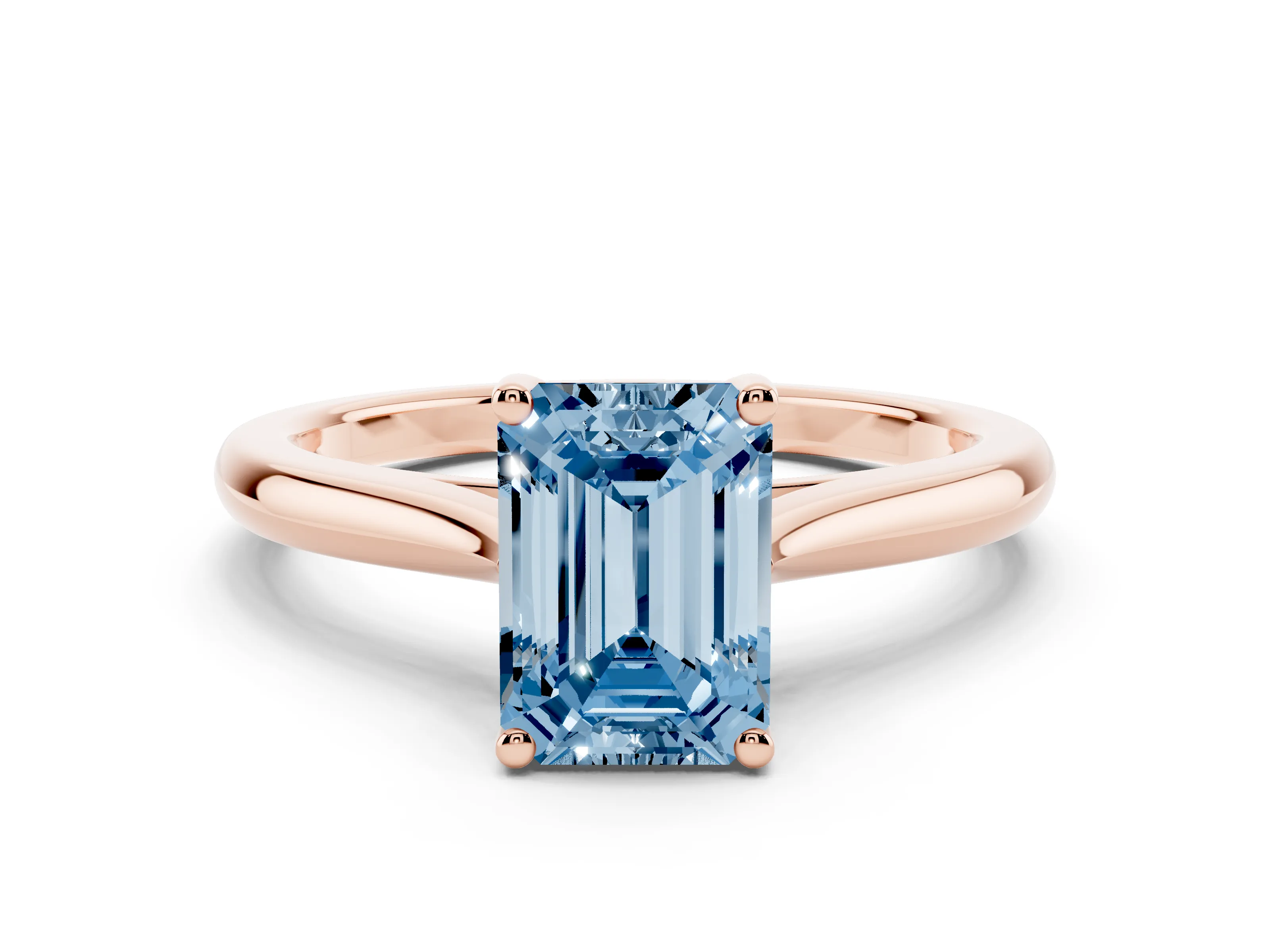 Fancy Blue Emerald Cut Diamond Solitaire Ring Set in Rose gold with Cathedral Band and Prong Setting