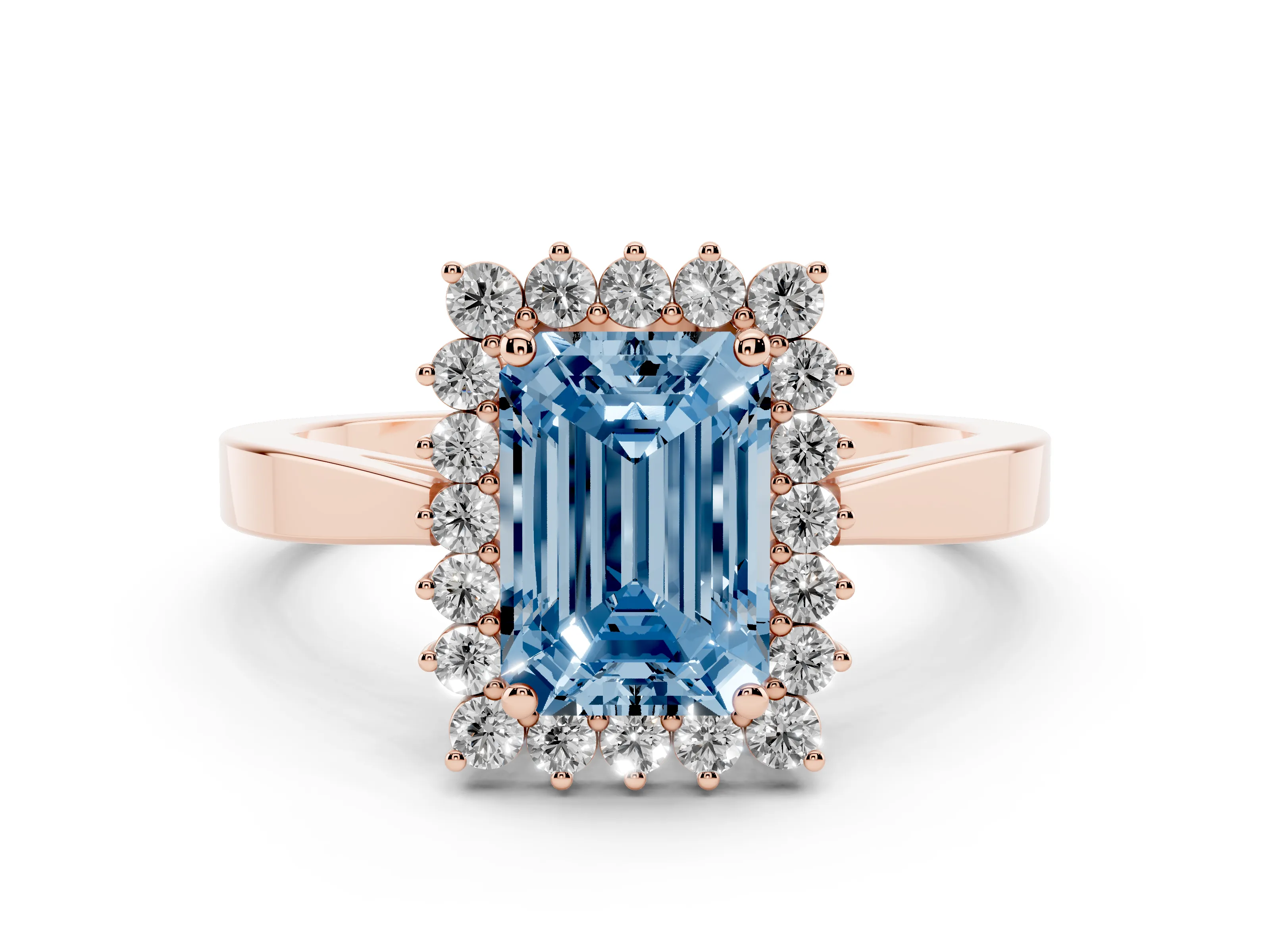 Fancy Blue Emerald Cut Diamond Halo Ring Set in Rose gold with Round Halo and Smooth Solitaire Band