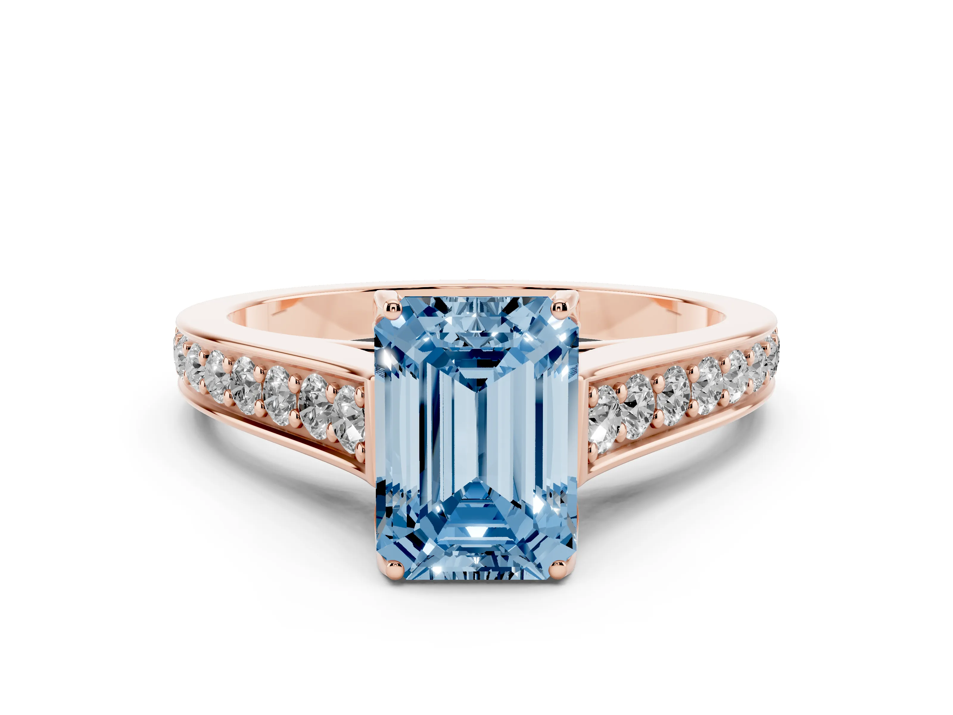 Fancy Blue Emerald Cut Diamond Solitaire Pavé Engagement Ring Set in Rose gold with Prong Setting