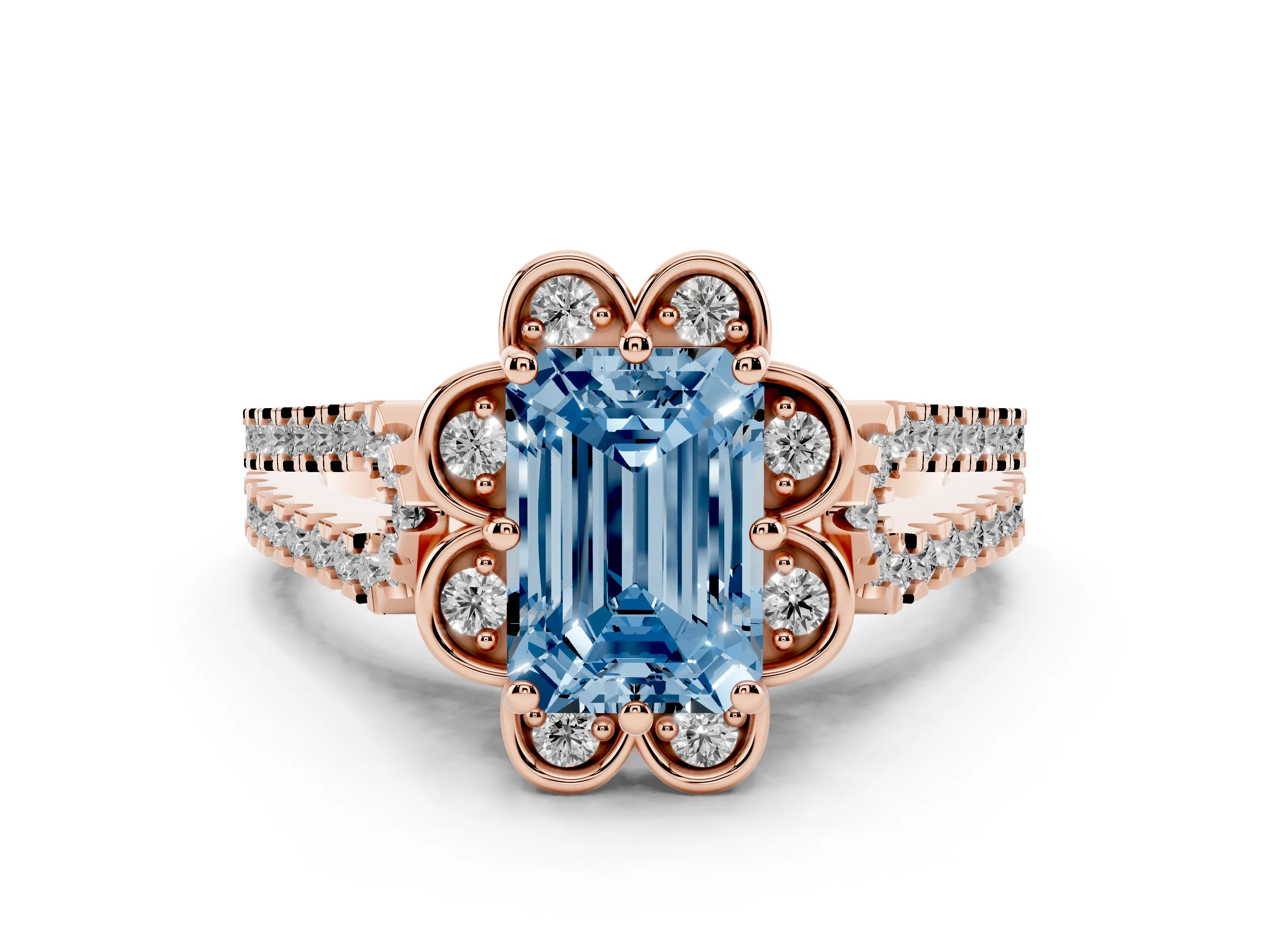Fancy Blue Emerald Cut Diamond Floral Halo Split Shank Engagement Ring Set in Rose gold with Pavé Shank