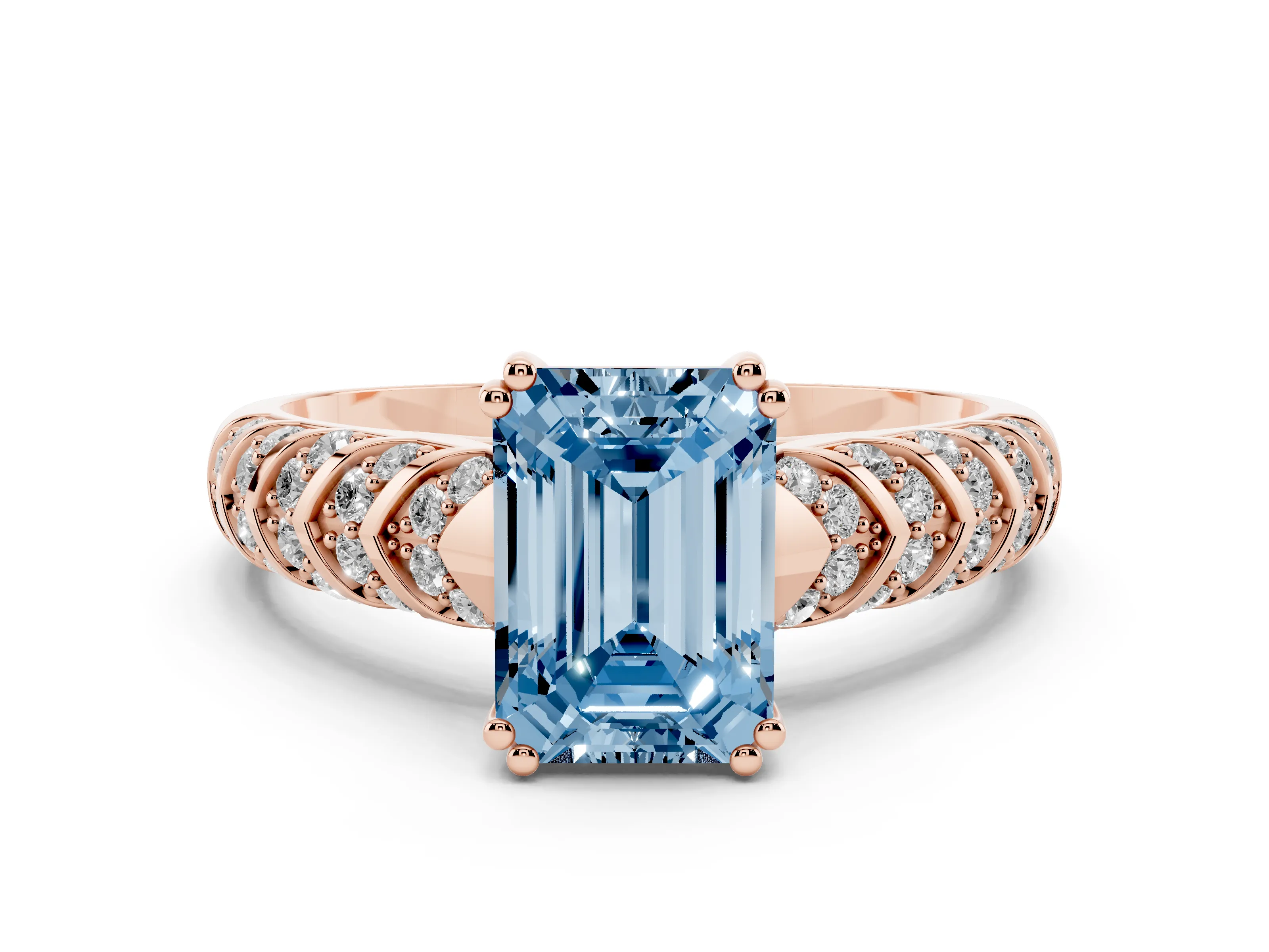 Fancy Blue Emerald Cut Diamond Solitaire Chevron Pavé Engagement Ring Set in Rose gold with Prong Setting