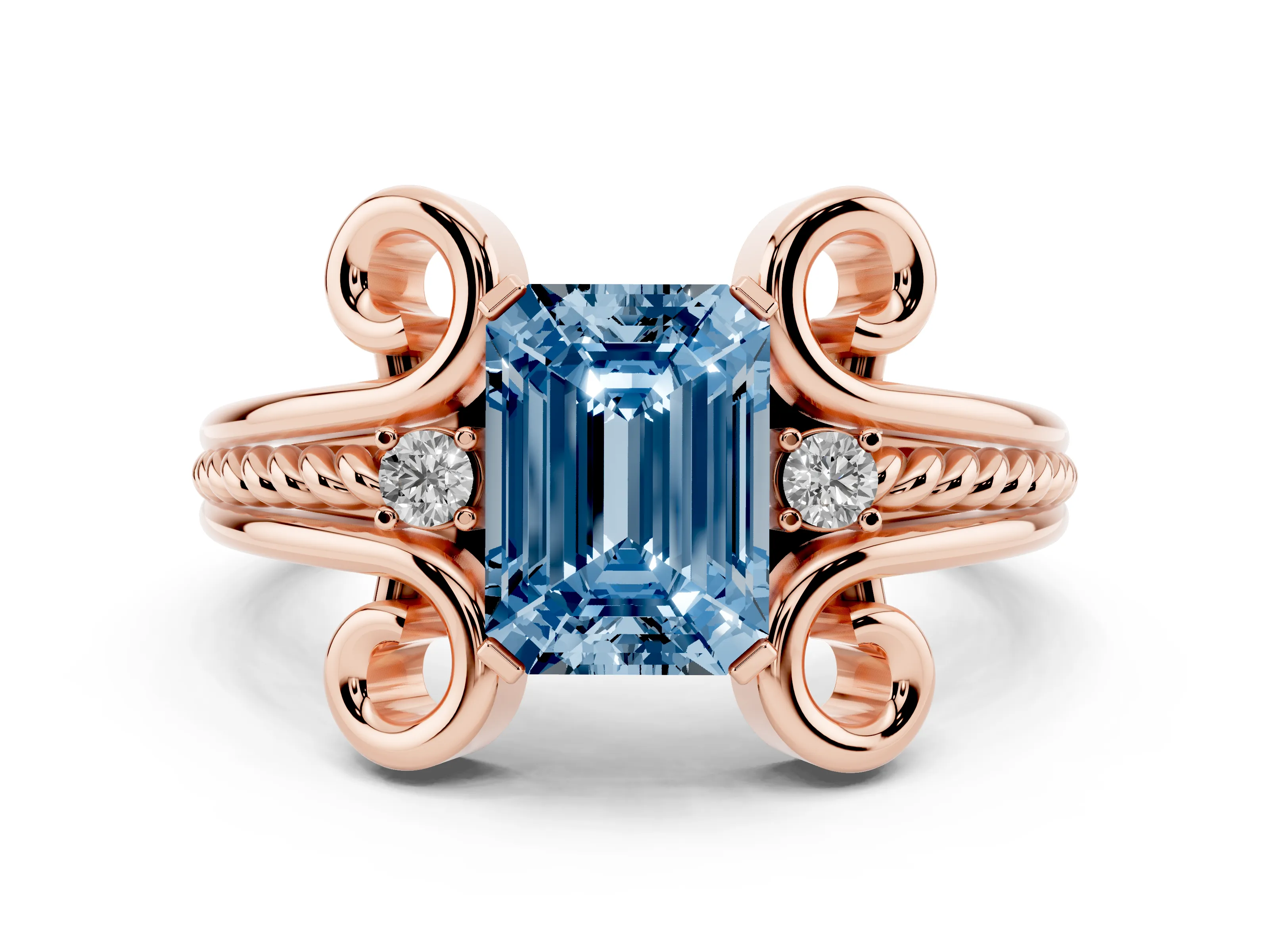 Fancy Blue Emerald Cut Diamond Twisted Band Solitaire Ring Set in Rose gold with Scroll Prongs