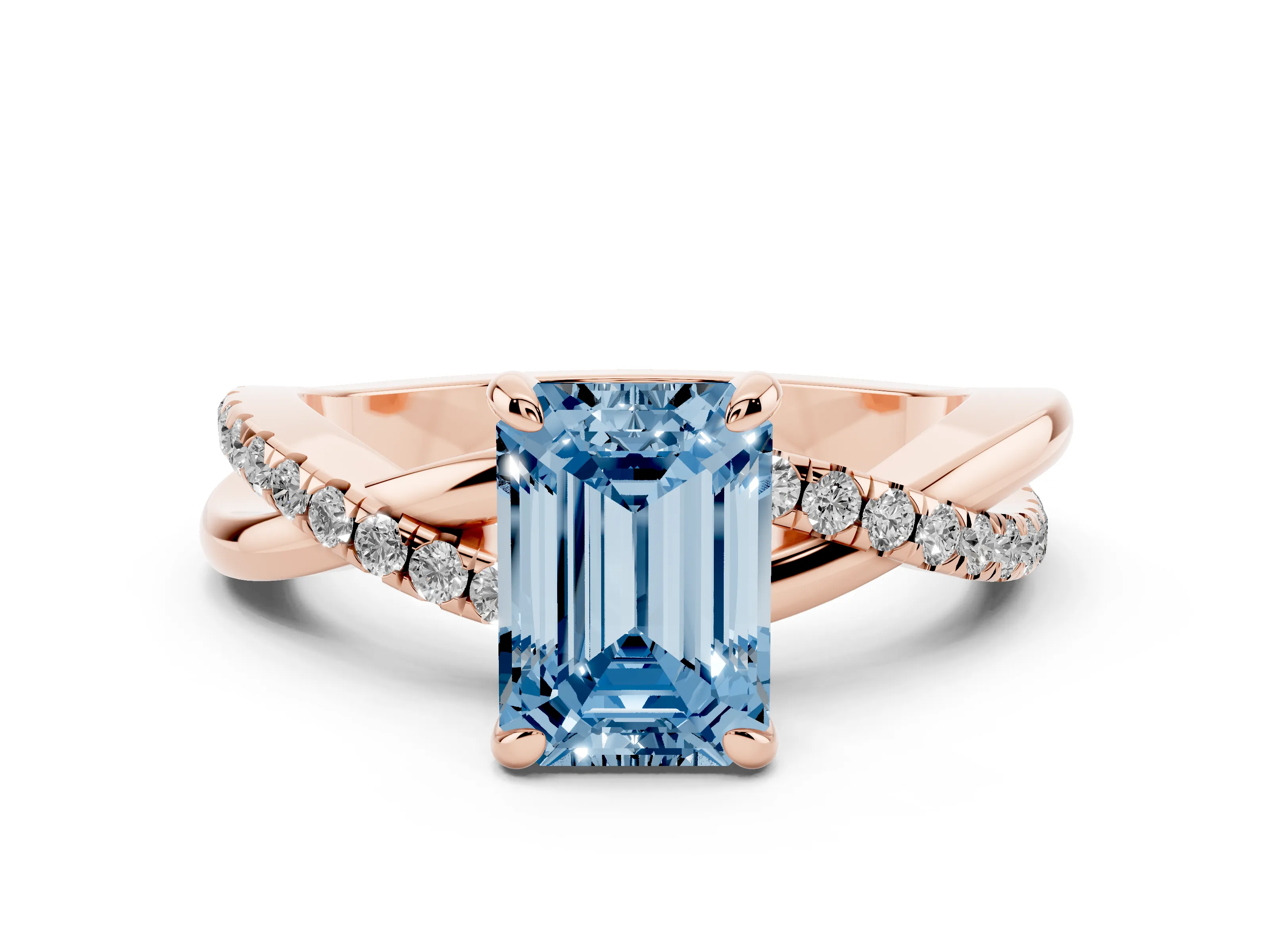 Fancy Blue Emerald Cut Diamond Twist Band Pavé Solitaire Ring Set in Rose gold with Prong Setting