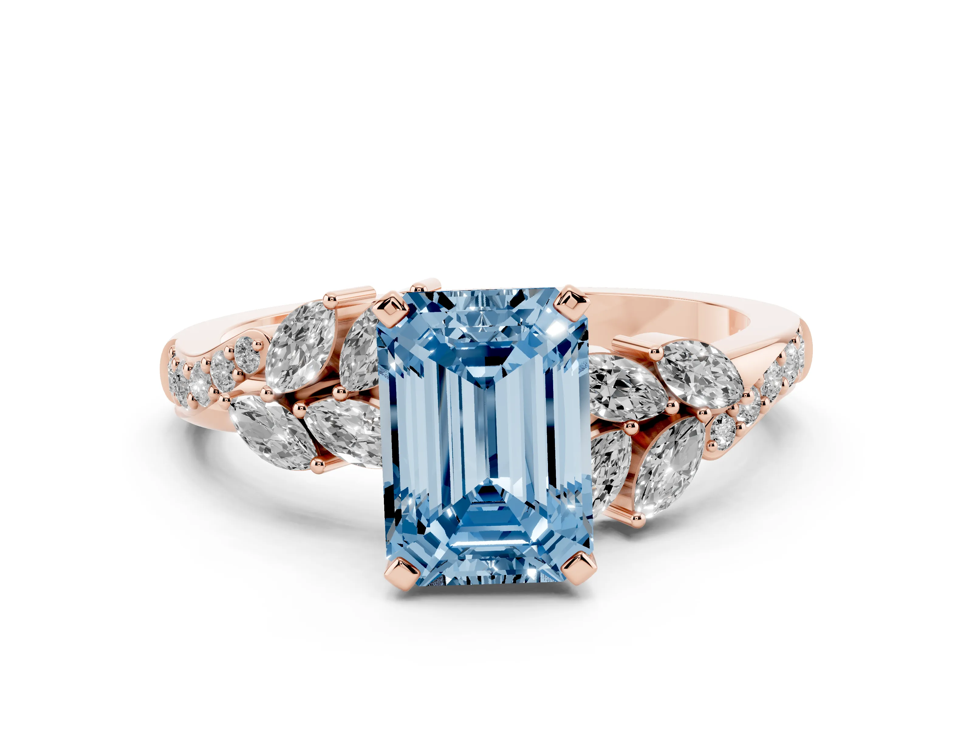 Fancy Blue Emerald Cut Diamond Solitaire Ring Set in Rose gold with Marquise Twist Band and Prong Setting