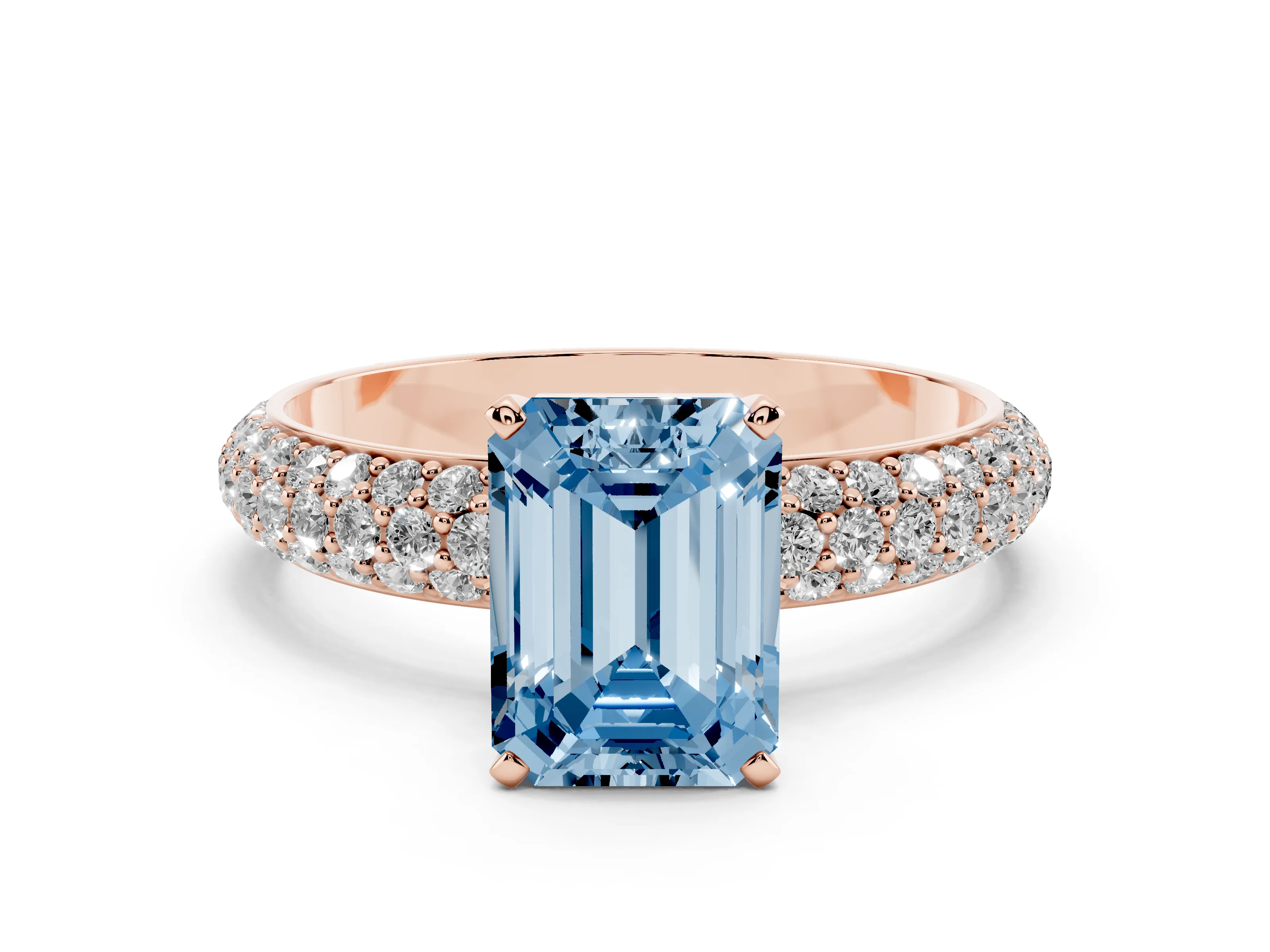 Fancy Blue Emerald Cut Diamond Solitaire Ring Set in Rose gold with Prong Setting and Pavé-Set Band