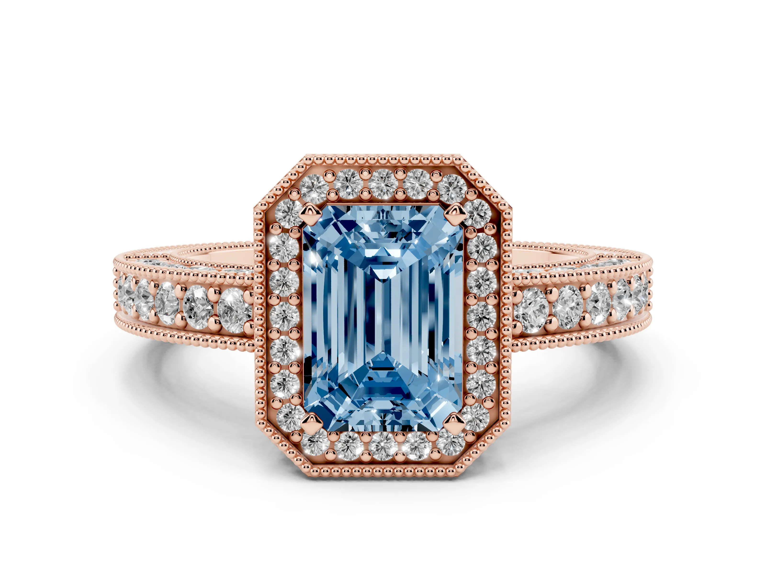 Fancy Blue Emerald Cut Diamond Halo Pavé Band Ring Set in Rose gold with Prong-Set Center