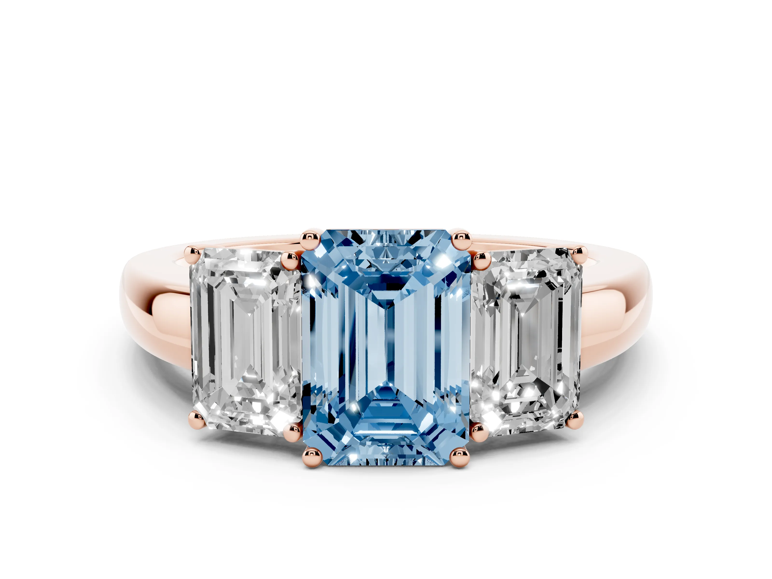 Fancy Blue Emerald Cut Diamond Three-Stone Ring Set in Rose gold with Bold Center and Classic Band