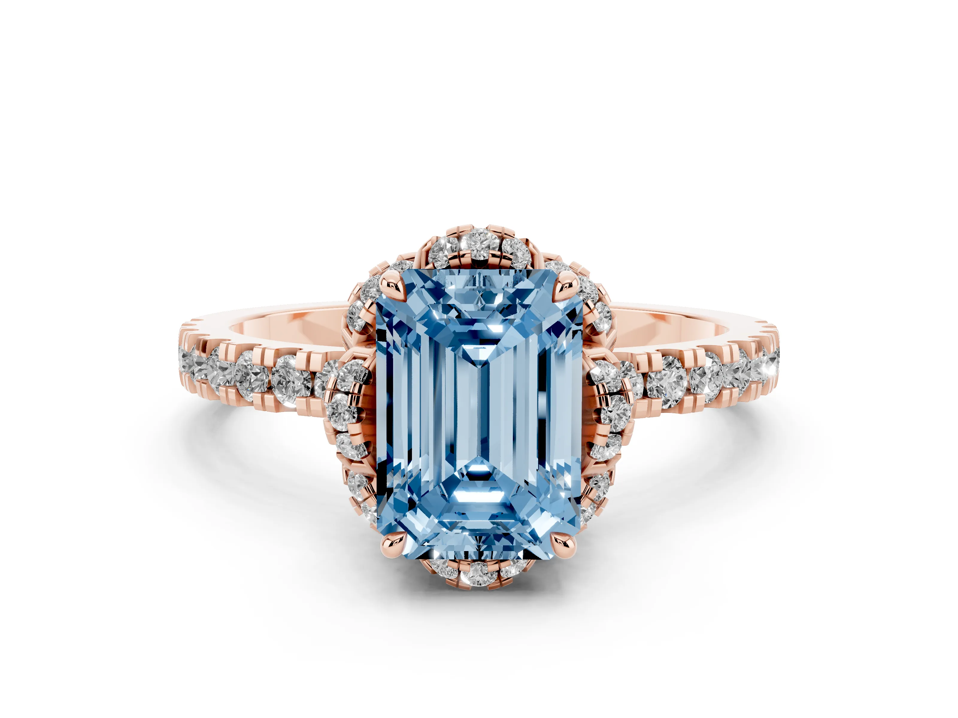 Fancy Blue Emerald Cut Diamond Halo Pavé Band Ring Set in Rose gold with Prong-Held Center