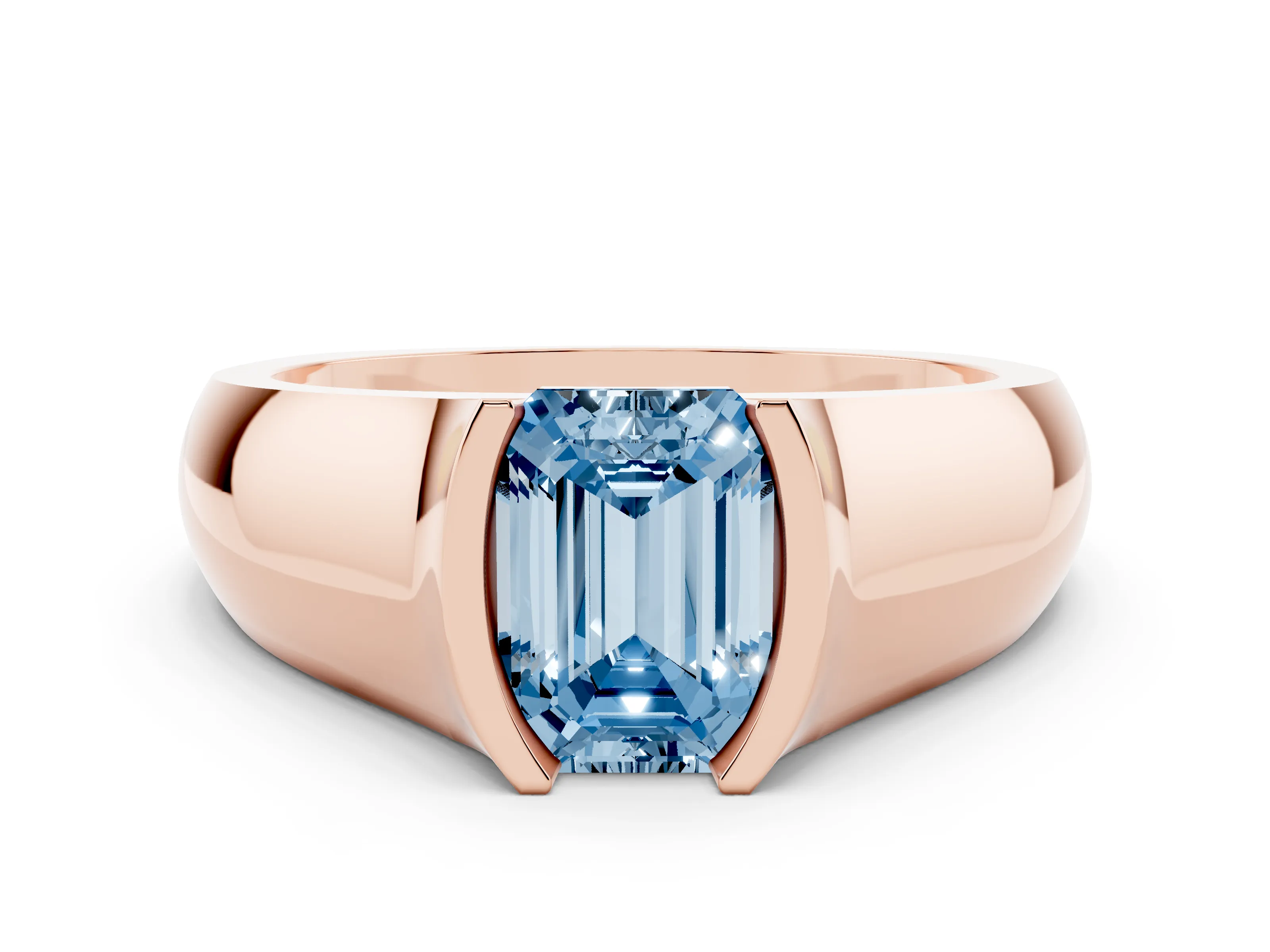 Fancy Blue Emerald Cut Diamond Bezel Solitaire Ring Set in Rose gold with Wide Band