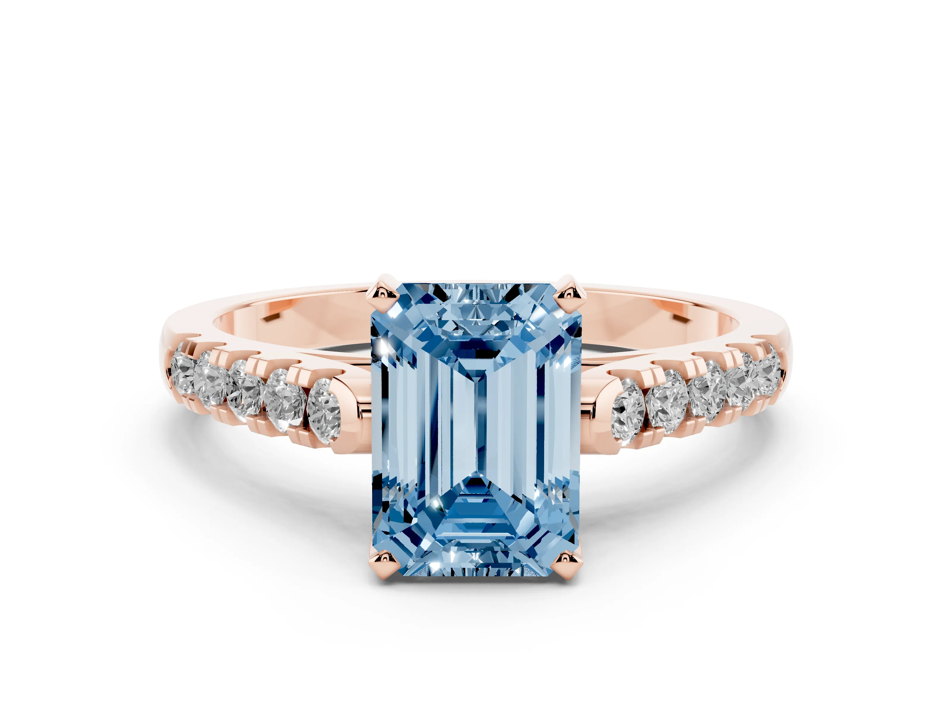 Fancy Blue Emerald Cut Diamond Pavé Band Solitaire Ring Set in Rose gold with Partway Accent Stones and Prong Setting