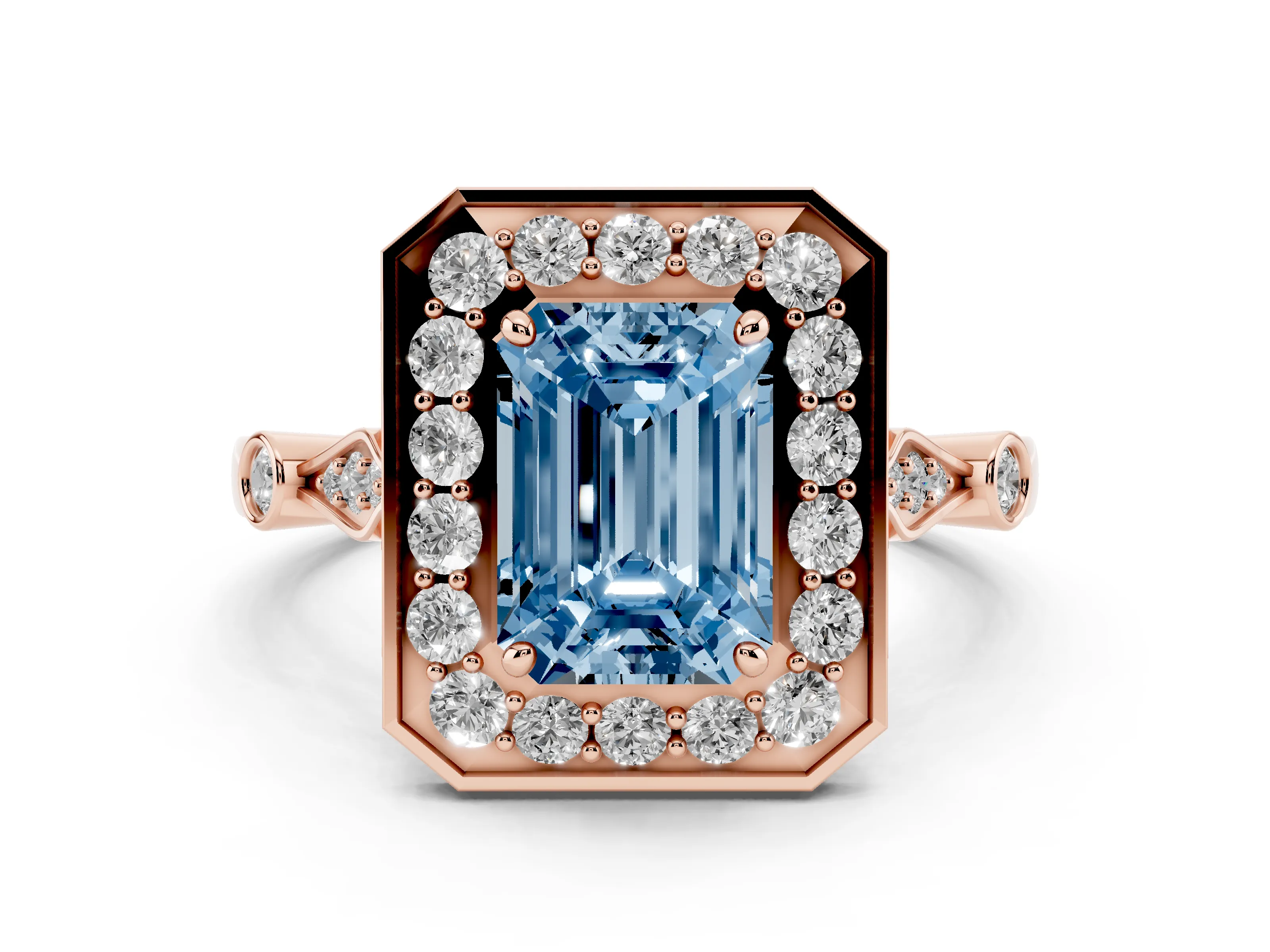 Fancy Blue Emerald Cut Diamond Halo Engagement Ring Set in Rose gold with Twisted Band and Prong Setting