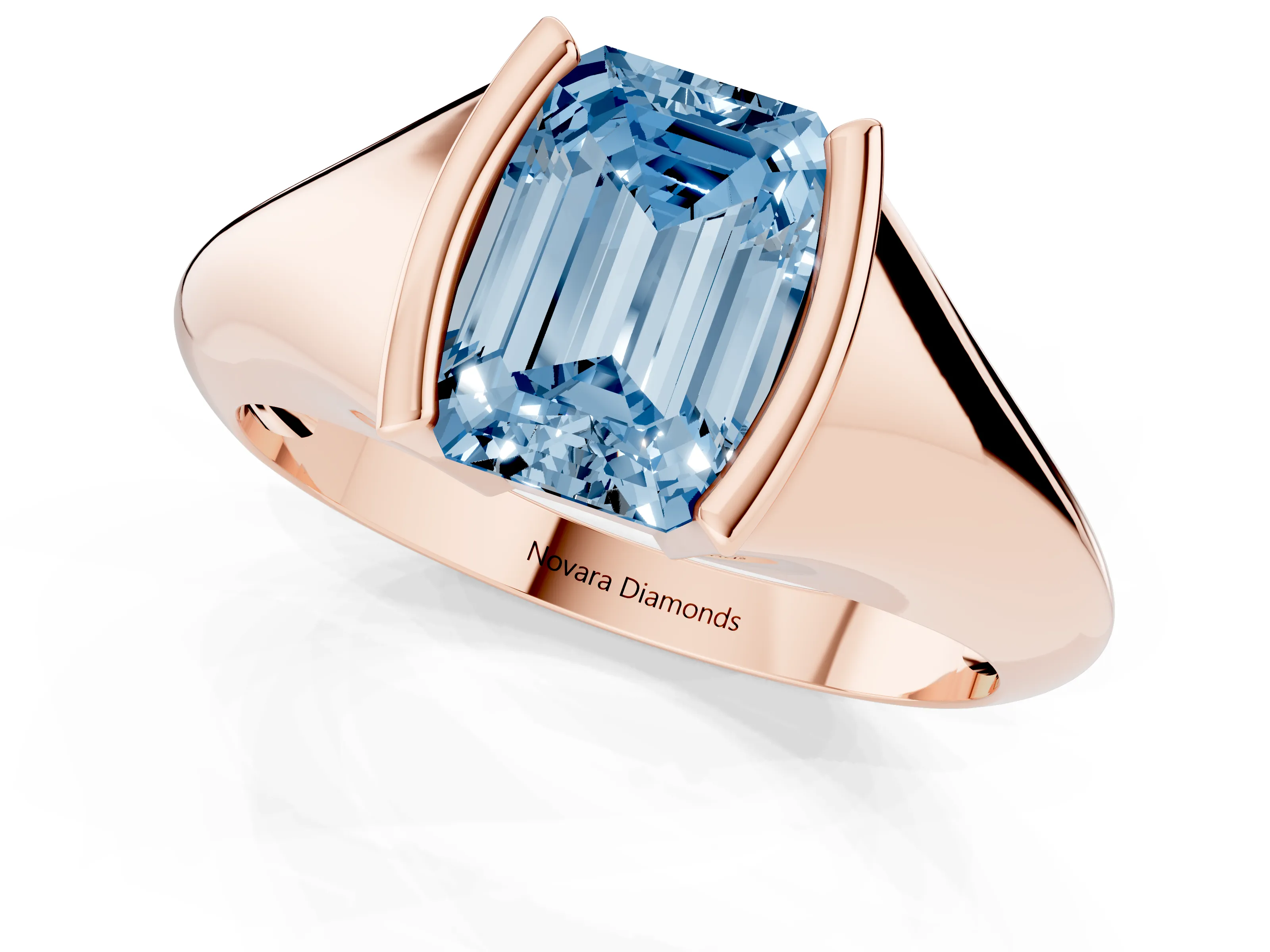 Fancy Blue Emerald Cut Diamond Solitaire Tension Set Ring Set in Rose gold
