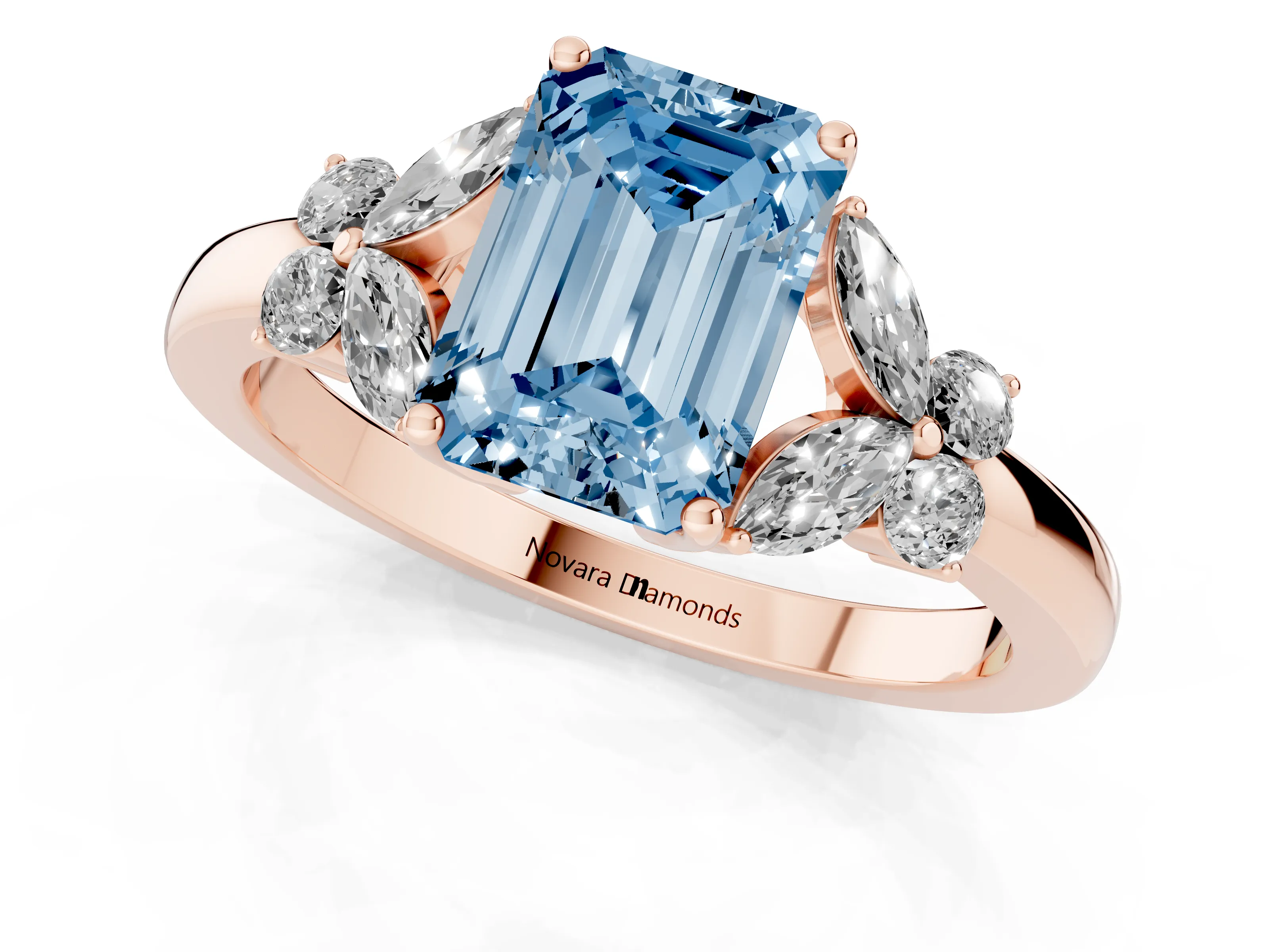 Fancy Blue Emerald Cut Diamond Solitaire Floral Ring Set in Rose gold with Marquise Petals and Prong Setting