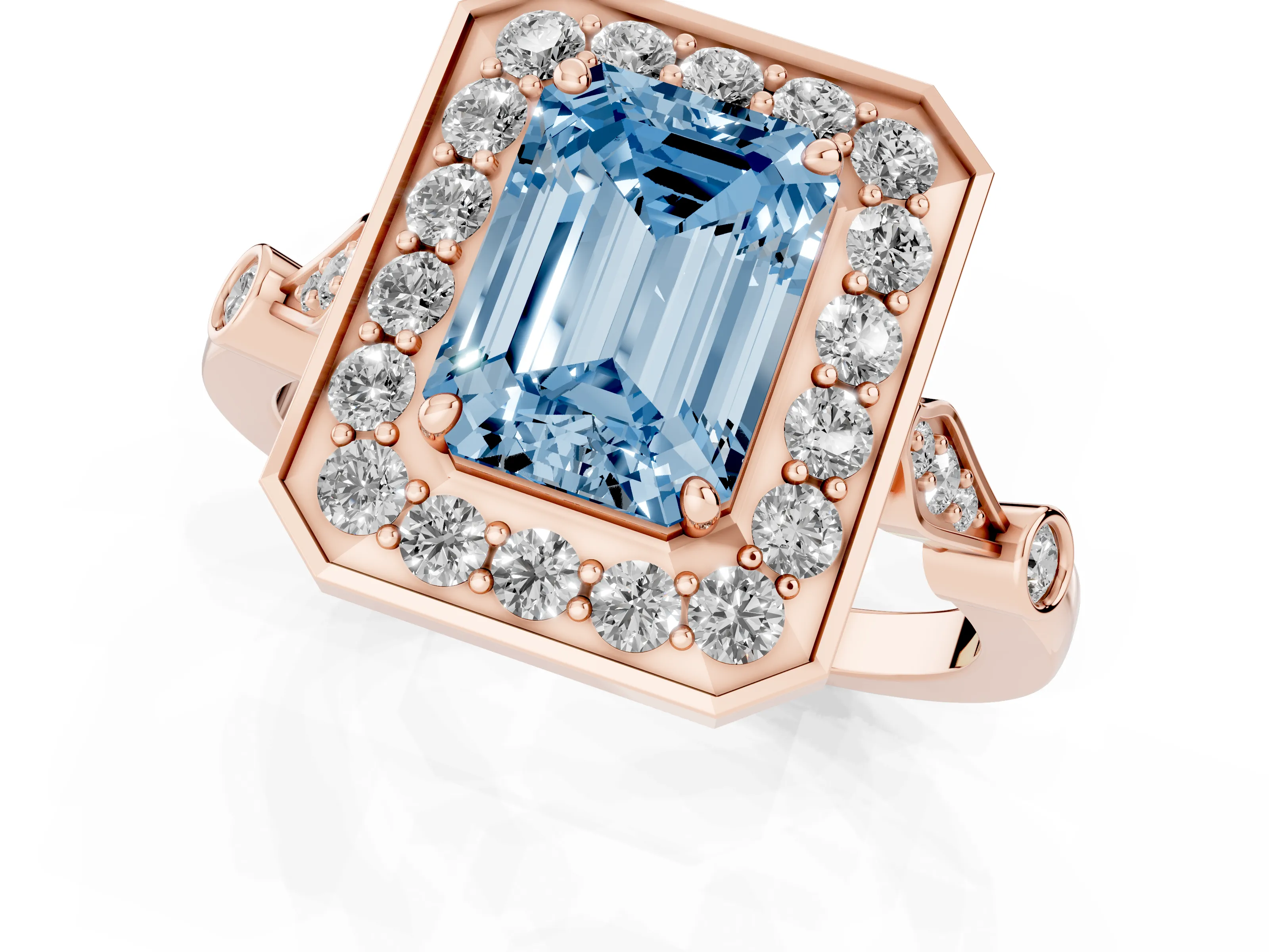 Fancy Blue Emerald Cut Diamond Halo Engagement Ring Set in Rose gold with Twisted Band and Prong Setting