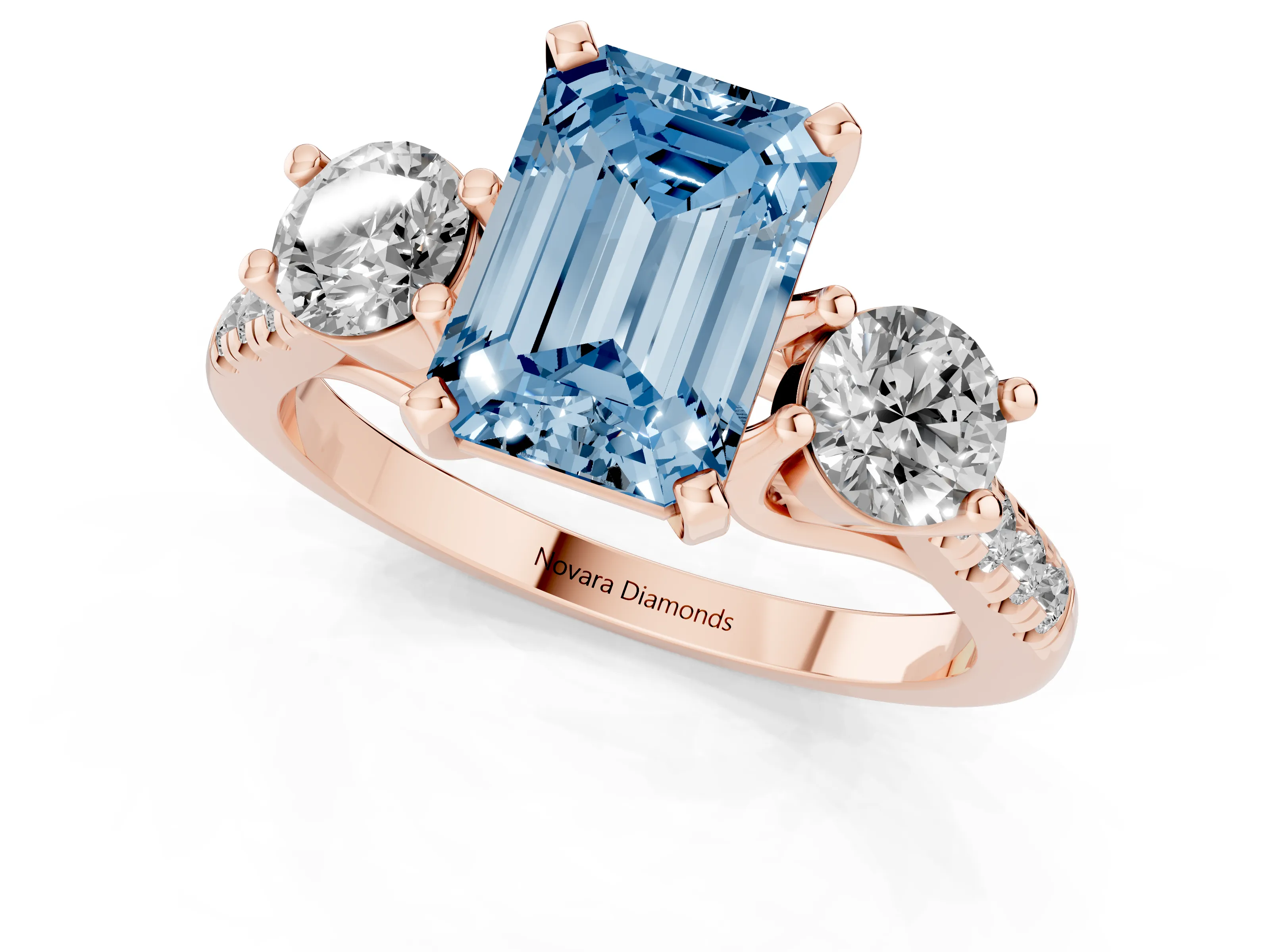Fancy Blue Three-Stone Emerald Cut Diamond Pavé Band Ring Set in Rose gold with Prong-Set Trio