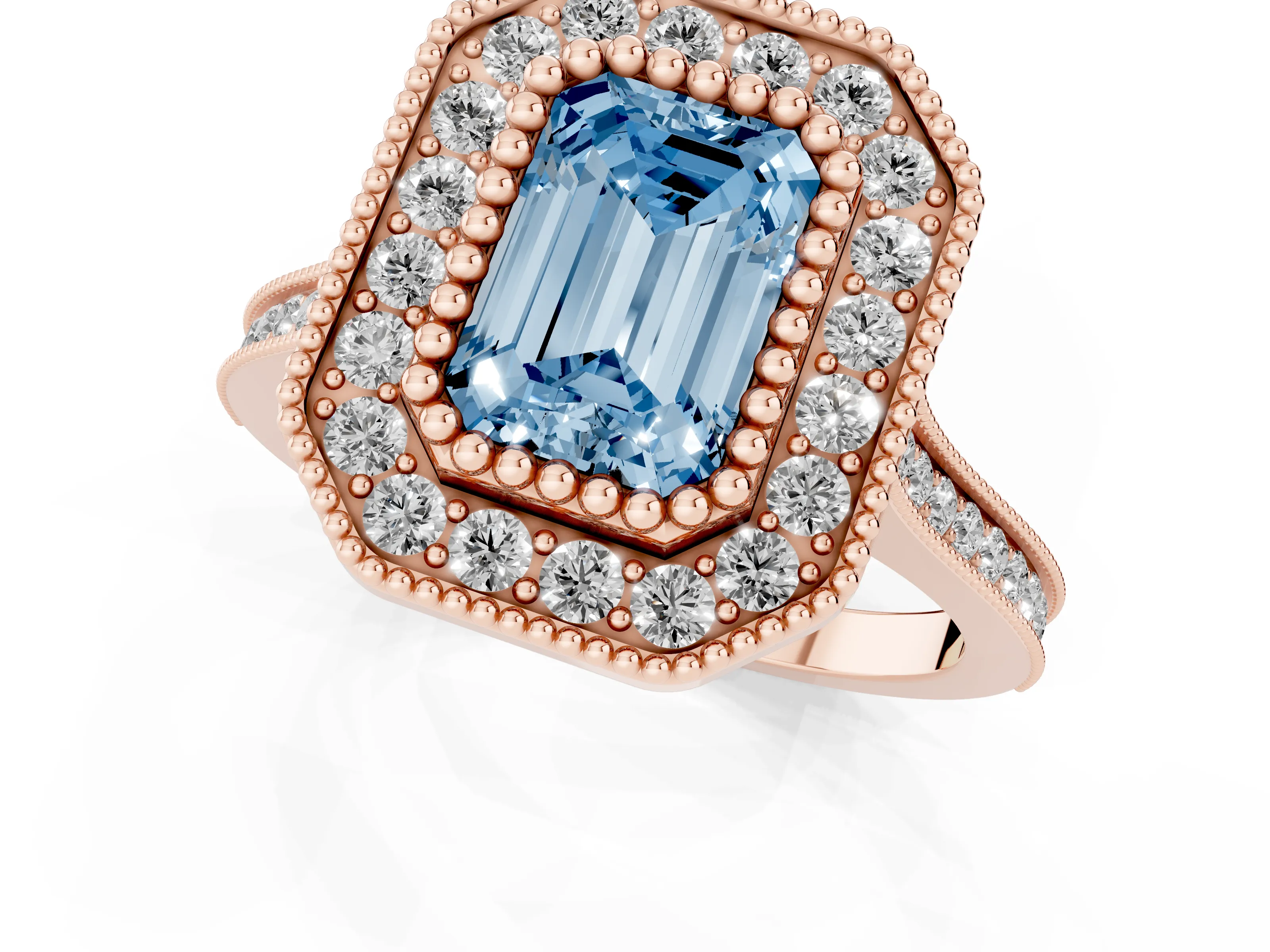 Fancy Blue Emerald Cut Diamond Halo Ring Set in Rose gold with Milgrain Frame and Pavé Band