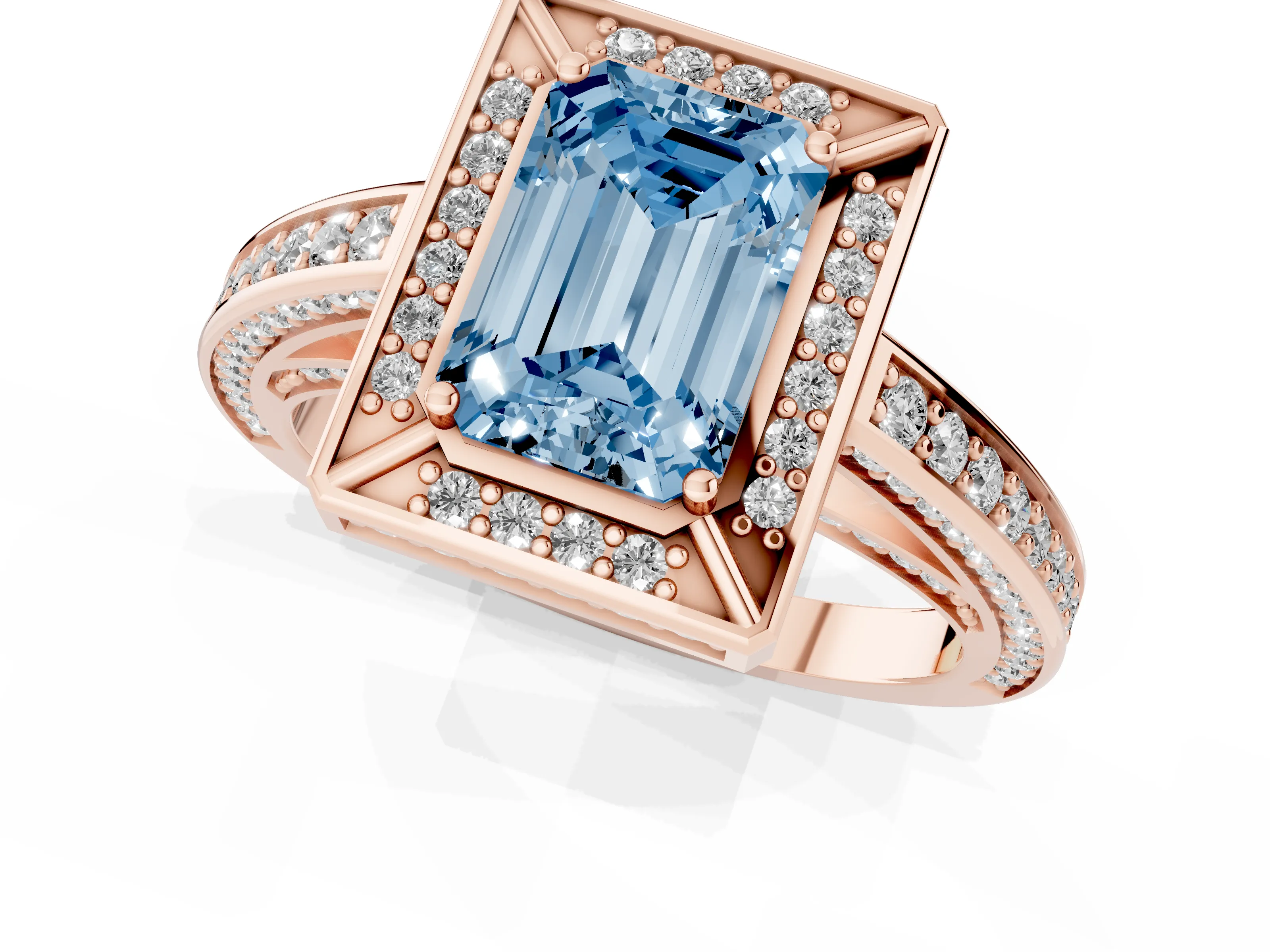 Fancy Blue Emerald Cut Diamond Halo Pavé Split Shank Ring Set in Rose gold with Prong Setting