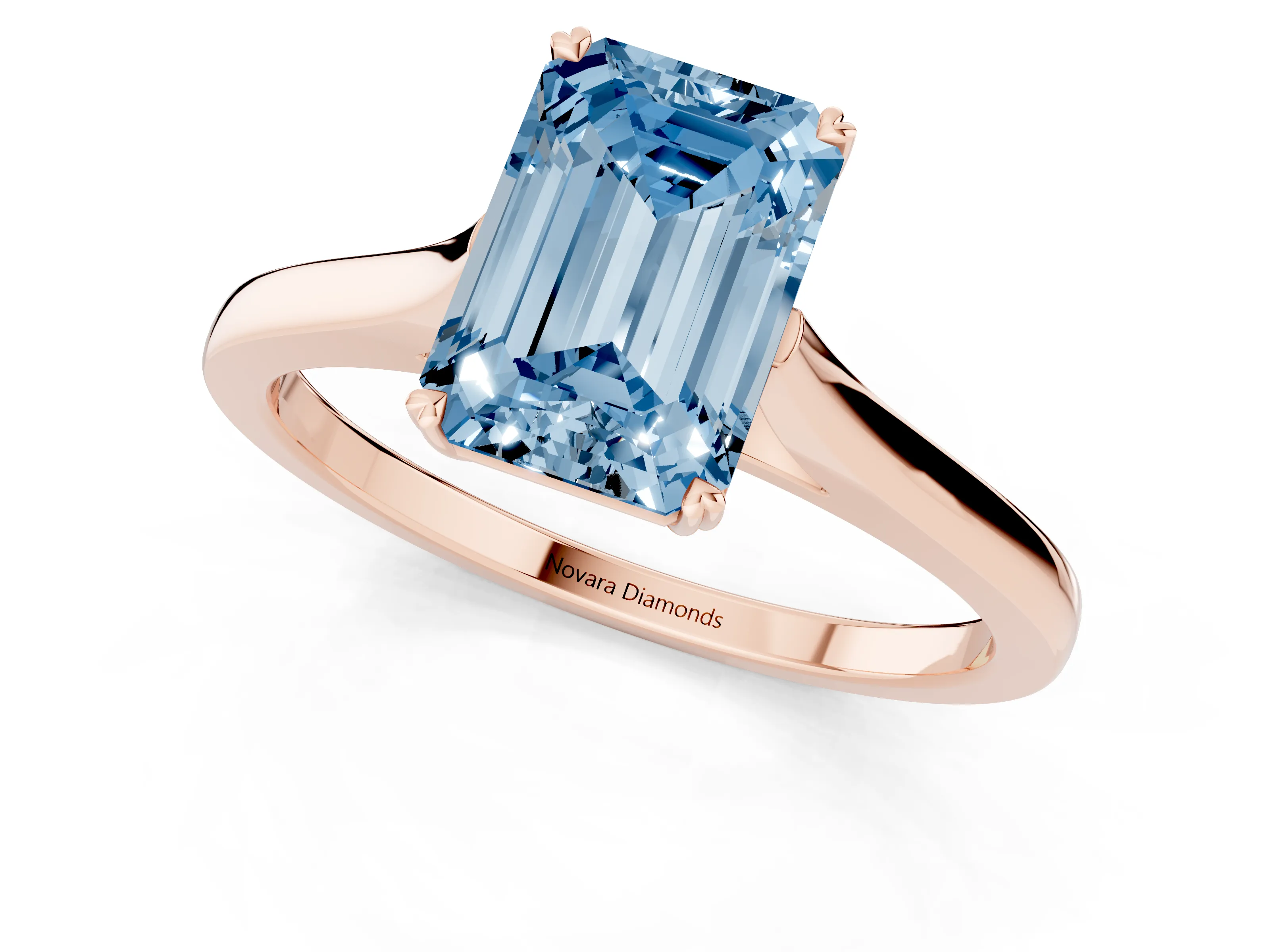 Fancy Blue Emerald Cut Diamond Solitaire Heart Prong Engagement Ring Set in Rose gold with Tapered Band