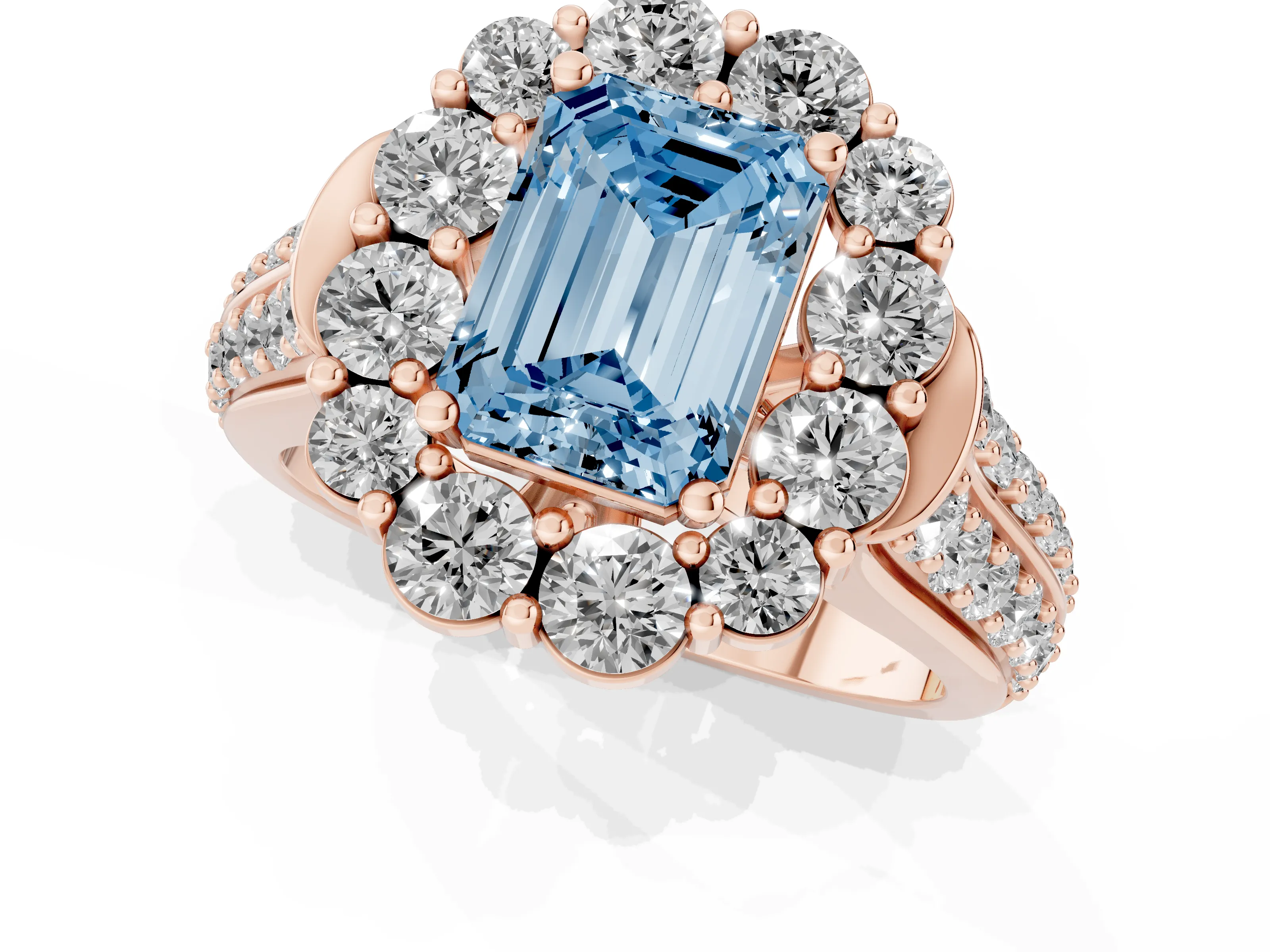 Fancy Blue Emerald Cut Diamond Halo Engagement Ring Set in Rose gold with Split Shank and Prong Setting