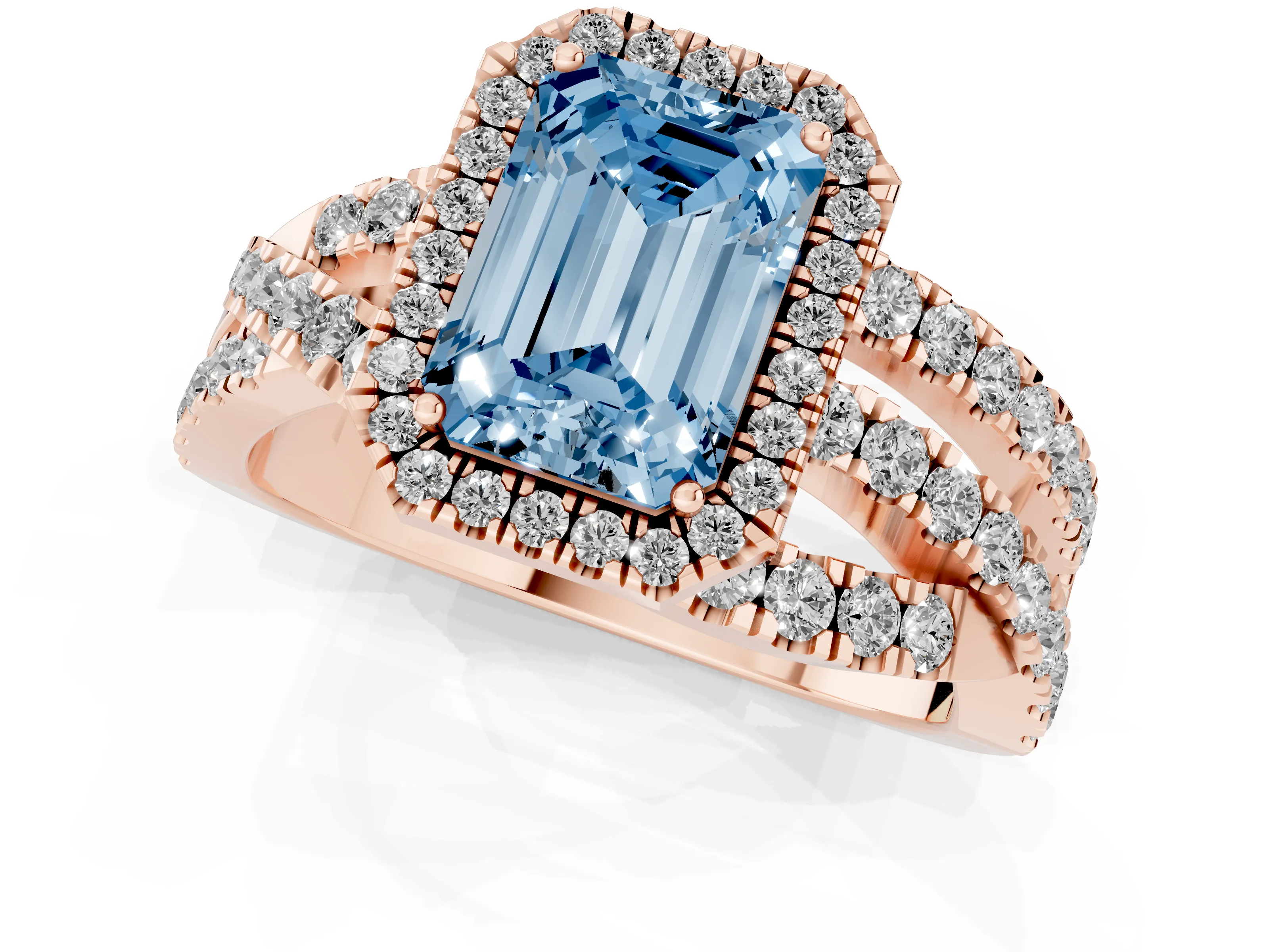 Fancy Blue Emerald Cut Diamond Halo Ring Set in Rose gold with Round Crossover Split Shank and Prong Setting