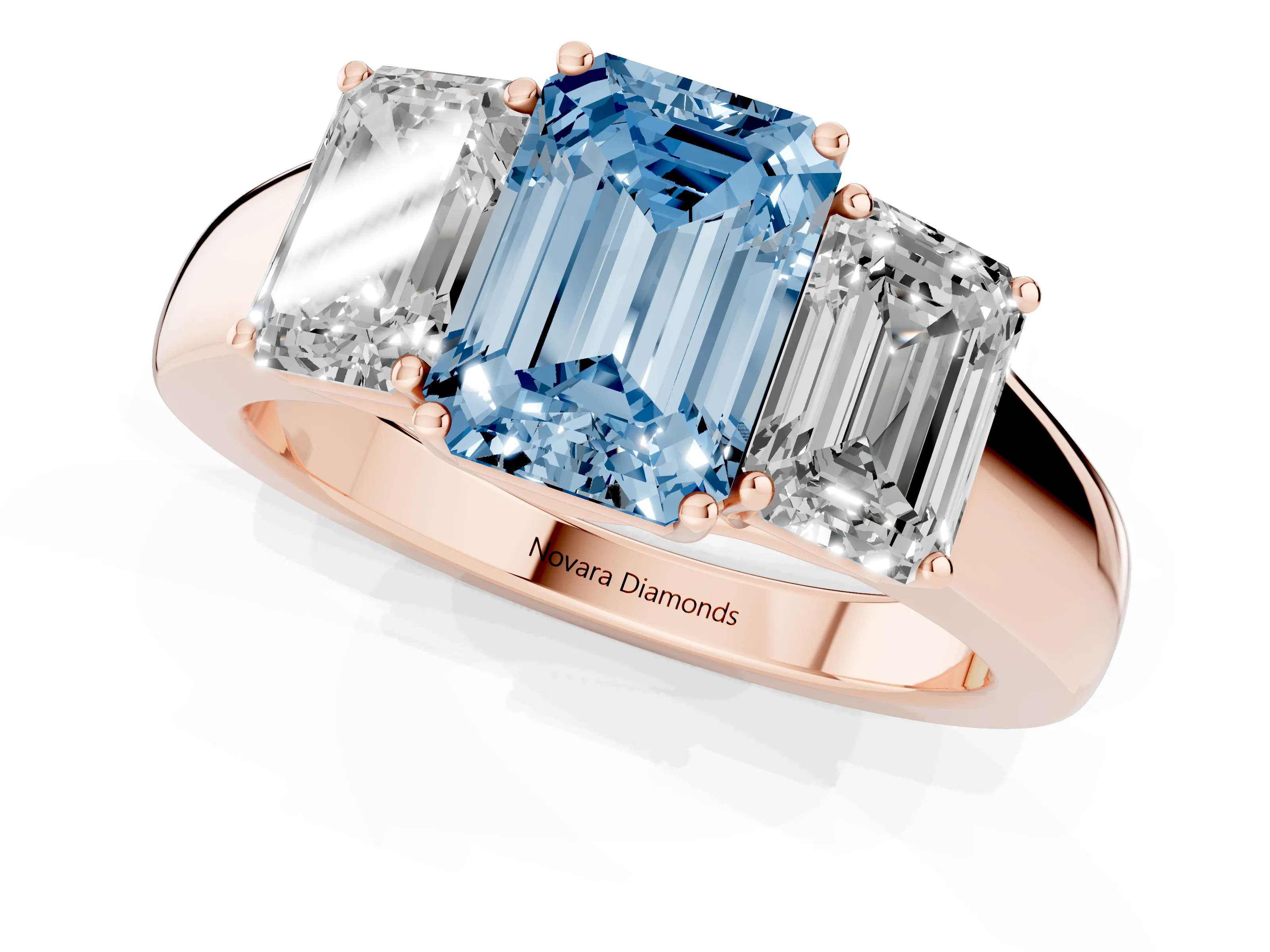 Fancy Blue Three-Stone Emerald Cut Diamond Ring Set in Rose gold with Matching Prong Settings and Plain Band