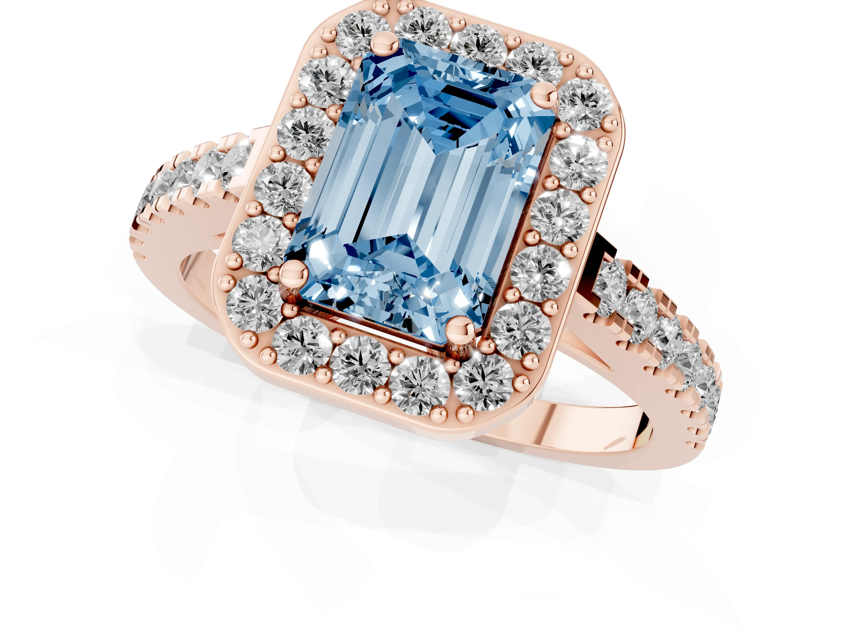 Fancy Blue Emerald Cut Diamond Halo Ring Set in Rose gold with Round Pavé Split Shank and Prong Setting