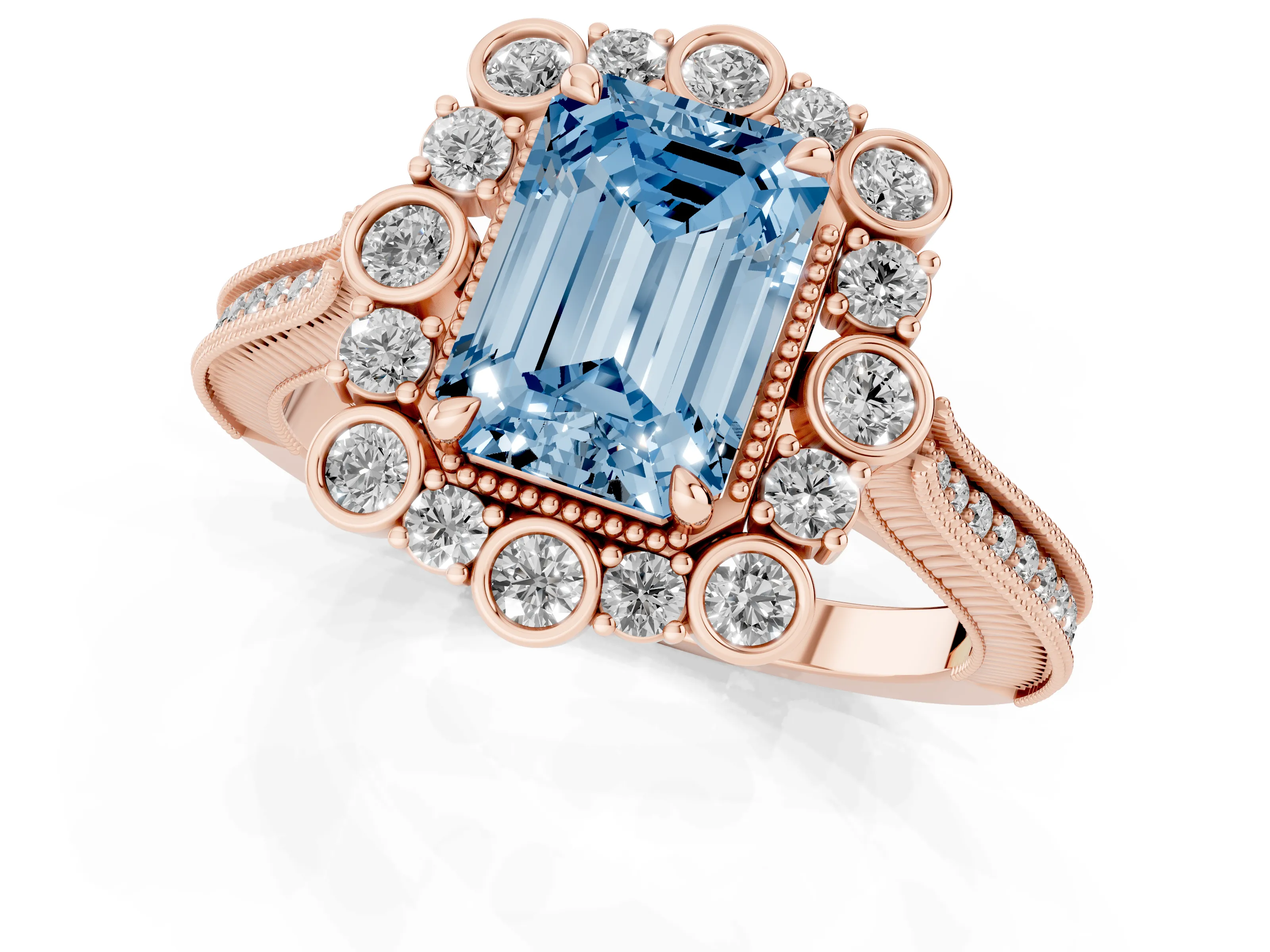 Fancy Blue Emerald Cut Diamond Halo Milgrain Pavé Ring Set in Rose gold with Prong Setting