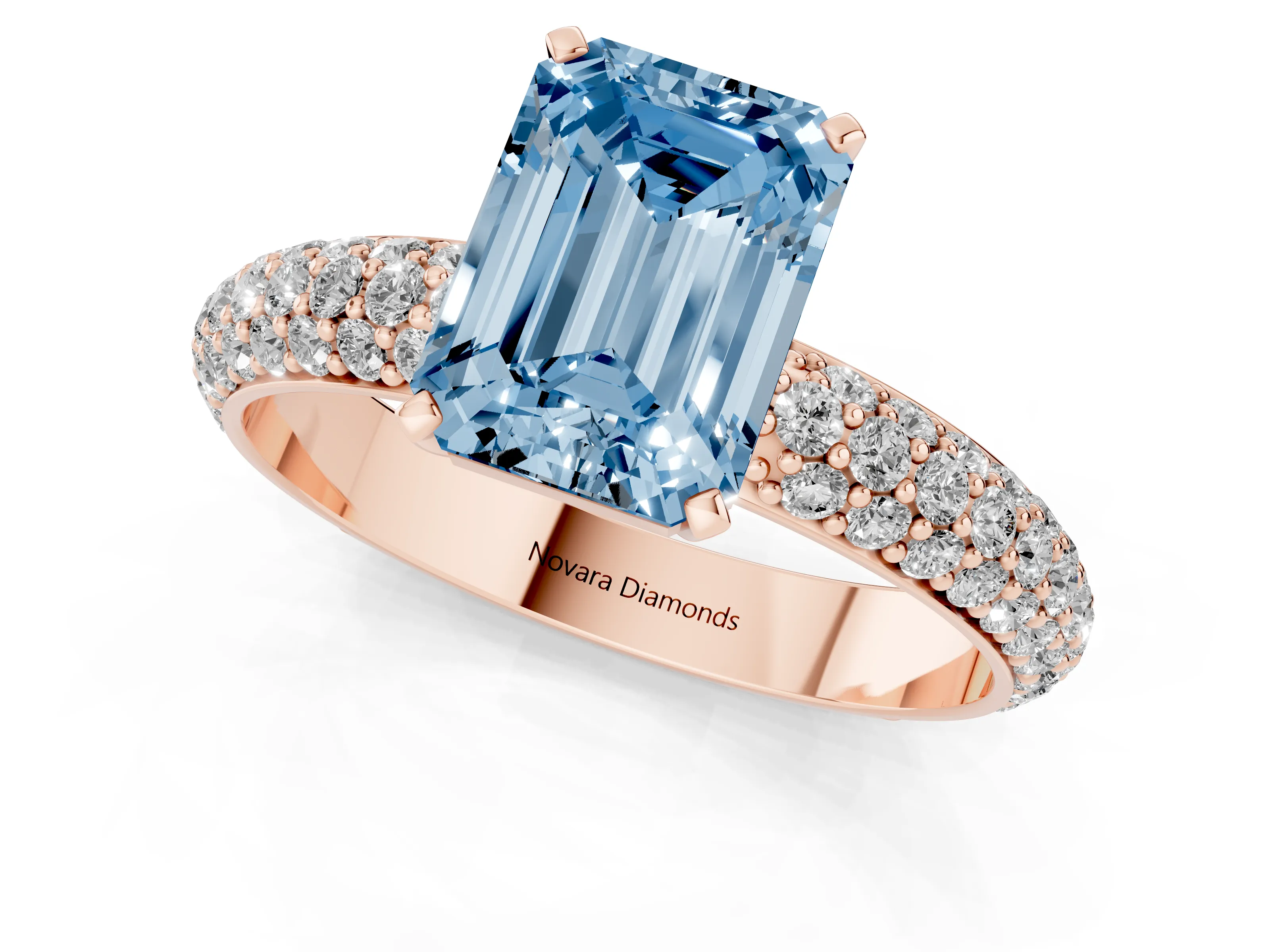 Fancy Blue Emerald Cut Diamond Solitaire Ring Set in Rose gold with Prong Setting and Pavé-Set Band