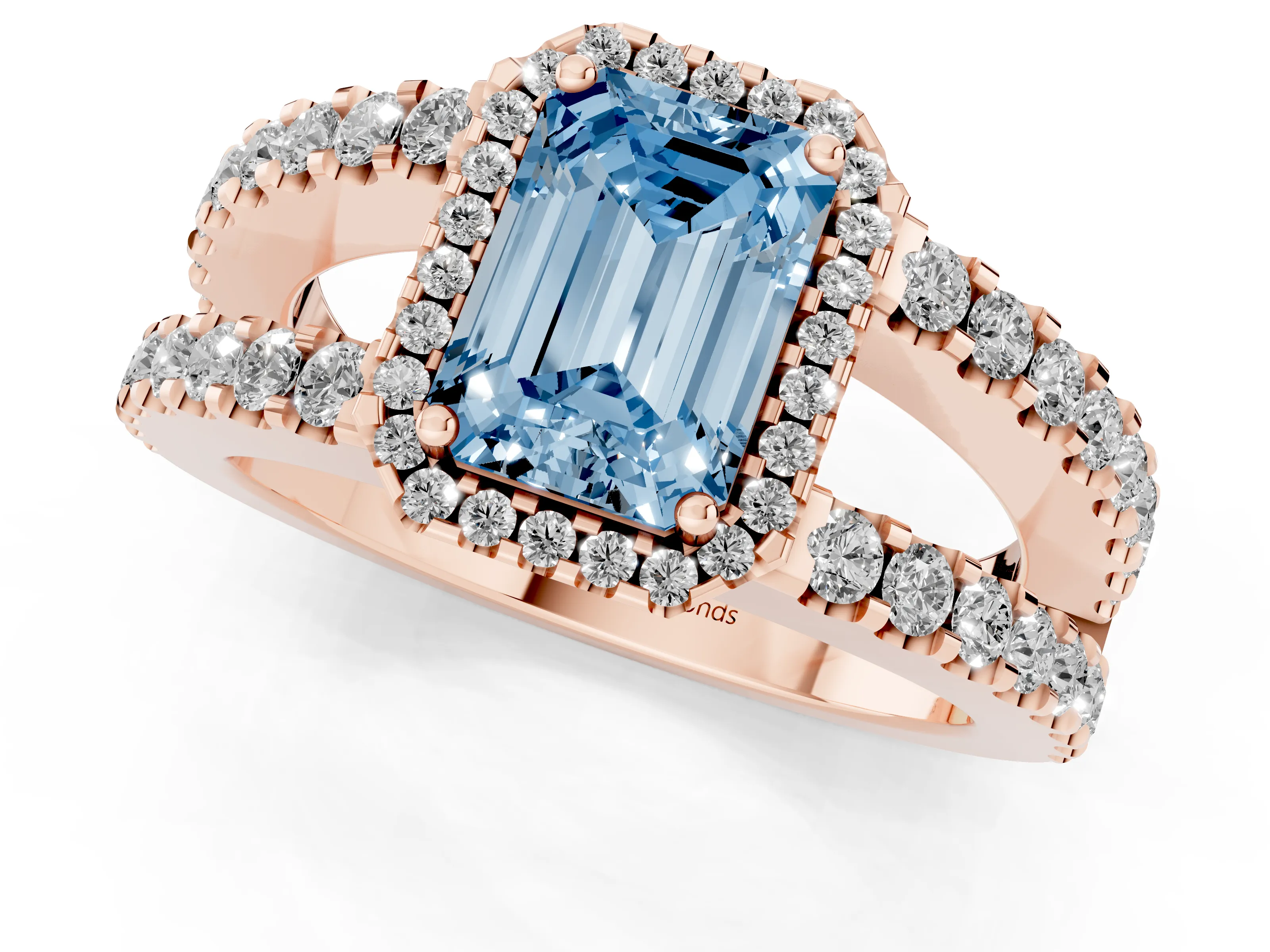 Fancy Blue Emerald Cut Diamond Halo Ring Set in Rose gold with Pavé Split Shank and Prong Setting