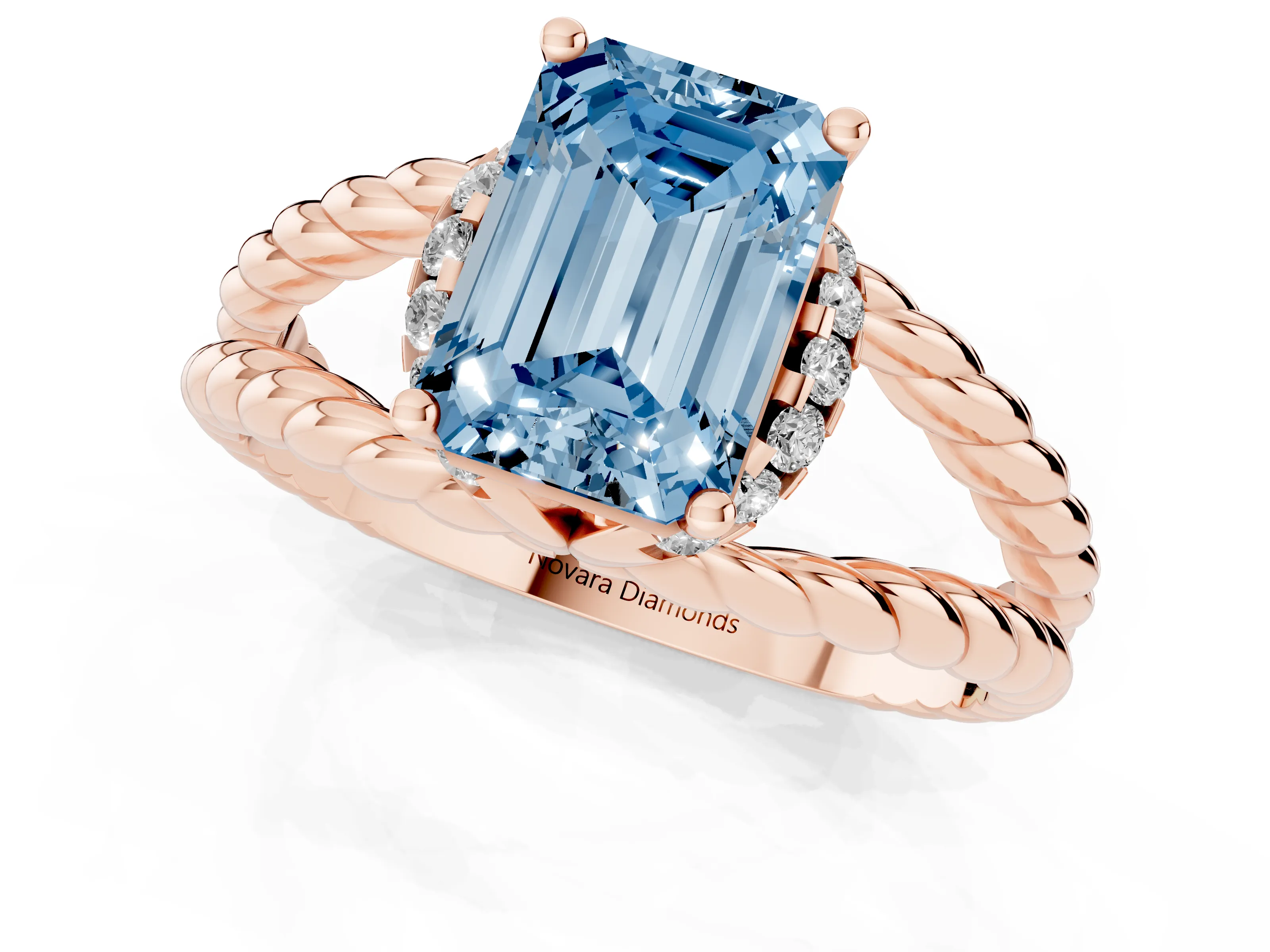 Fancy Blue Emerald Cut Diamond Halo Ring Set in Rose gold with Twisted Band and Prong Setting