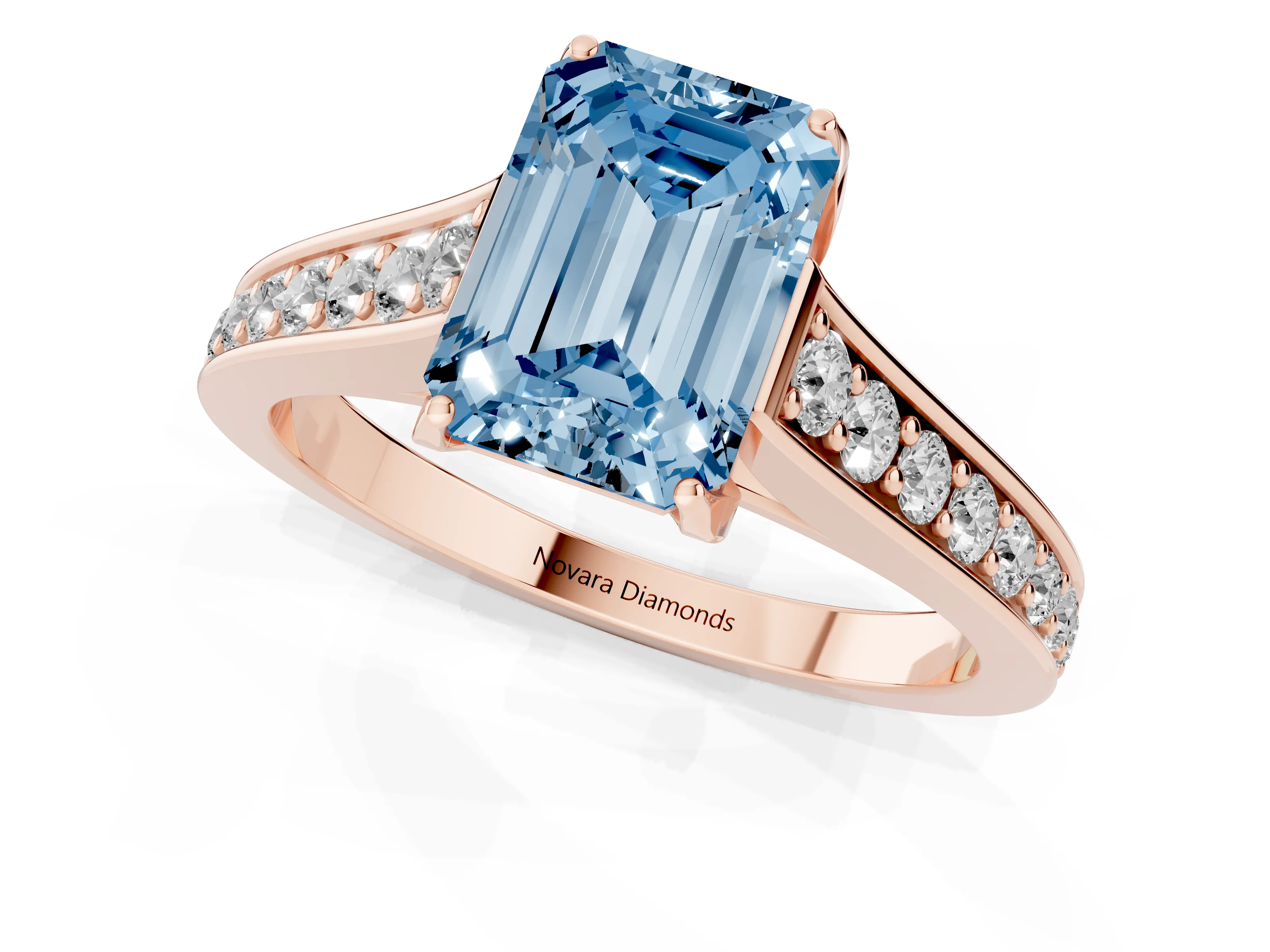 Fancy Blue Emerald Cut Diamond Solitaire Pavé Engagement Ring Set in Rose gold with Prong Setting