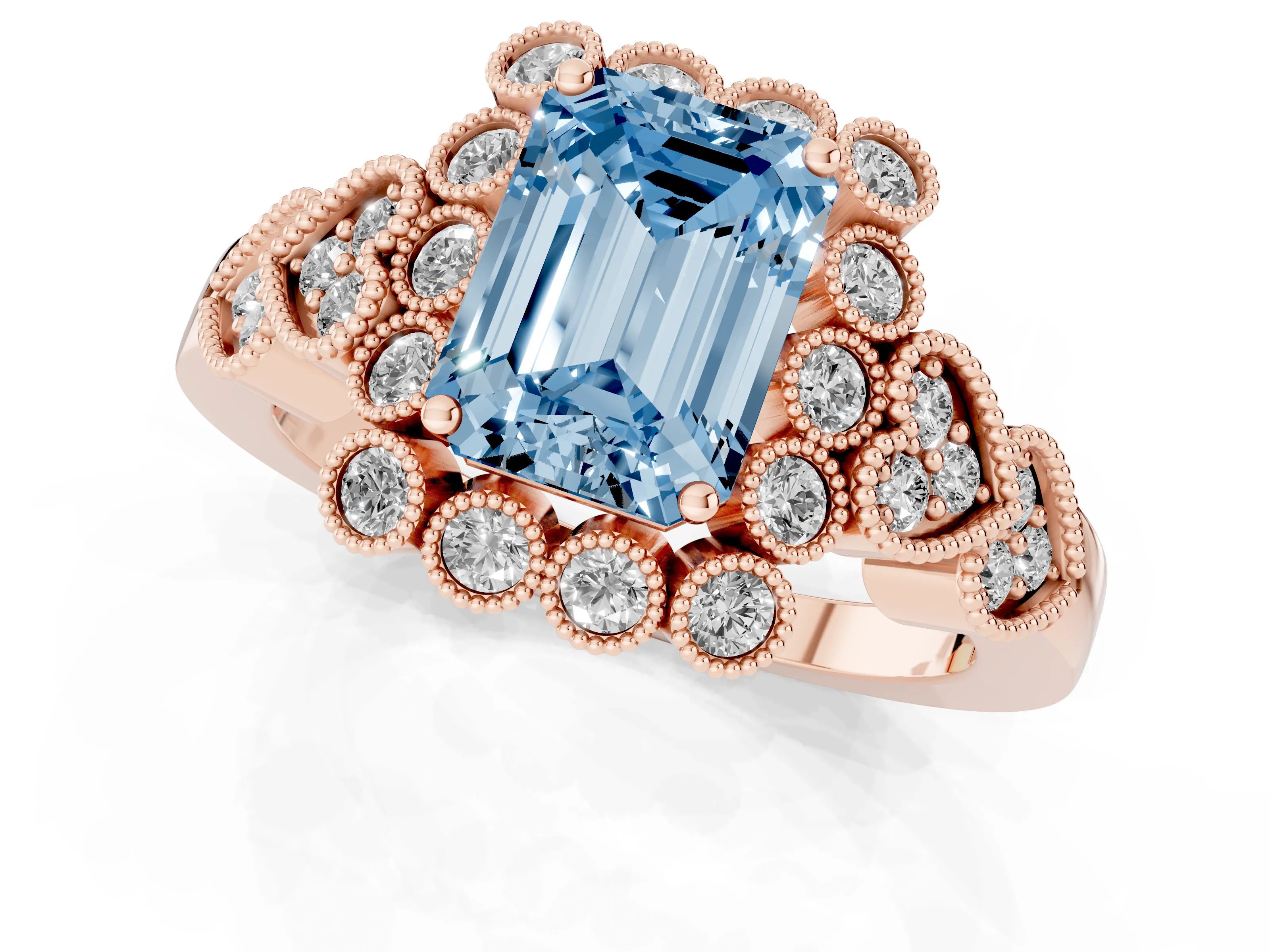 Fancy Blue Emerald Cut Diamond Solitaire Ring Set in Rose gold with Milgrain Pavé Heart Band