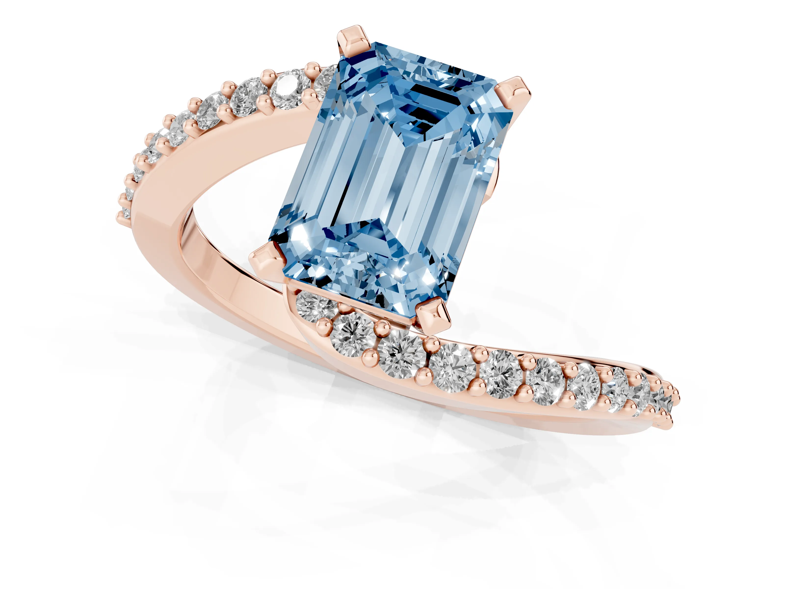 Fancy Blue Emerald Cut Diamond Solitaire Ring Set in Rose gold with Pavé Twist Band and Prong Setting