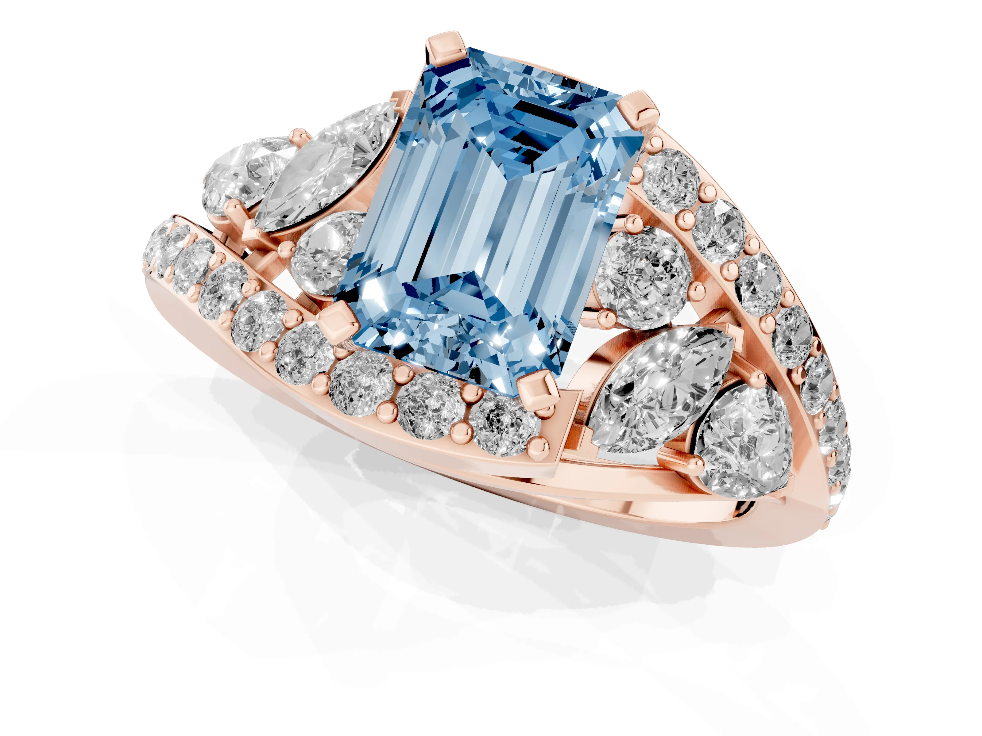 Fancy Blue Emerald Cut Diamond Halo Ring Set in Rose gold with Marquise and Pavé Band in Prong Setting