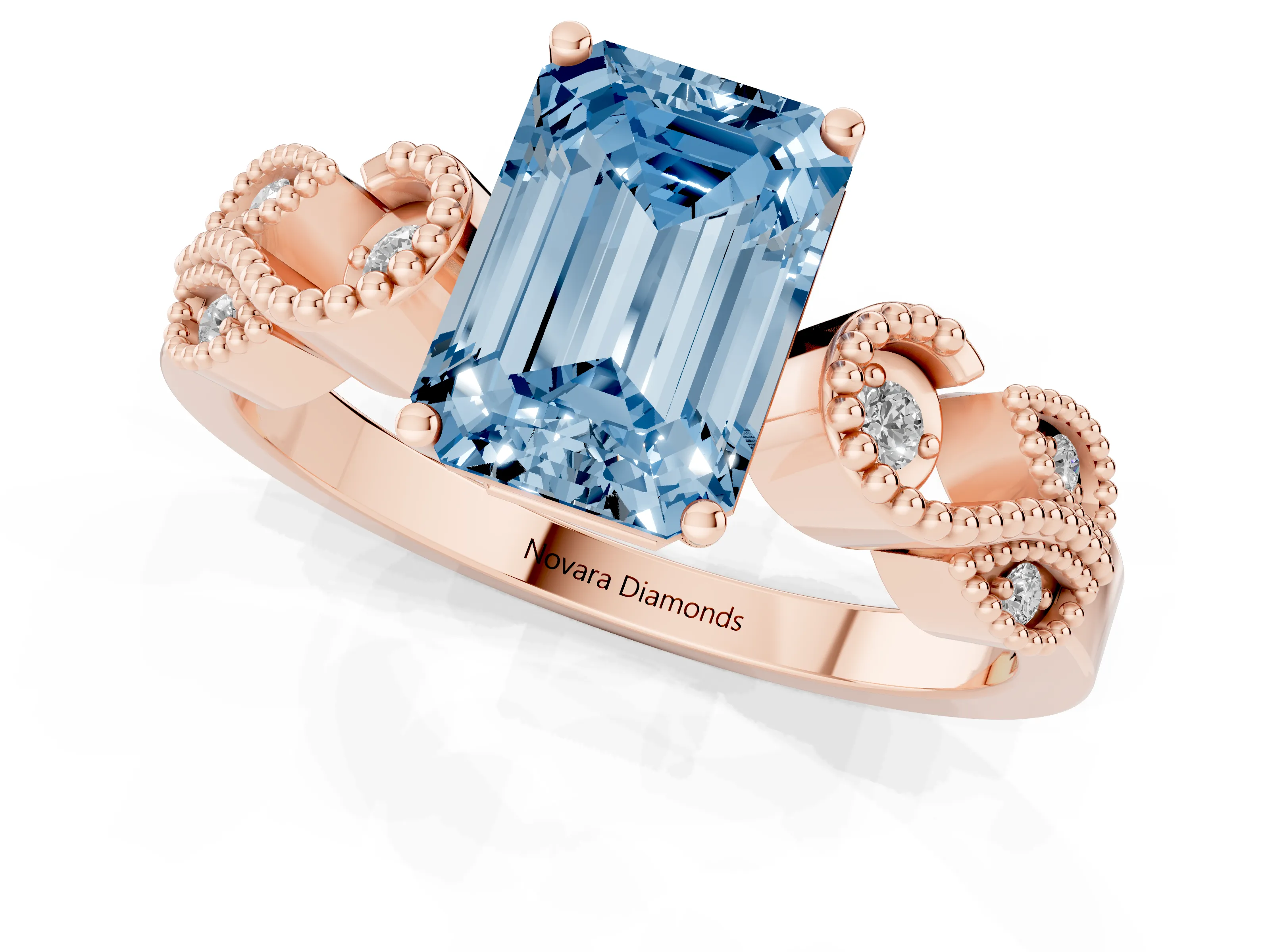 Fancy Blue Emerald Cut Diamond Milgrain Leaf Band Solitaire Ring Set in Rose gold with Accent Stones and Prong Setting