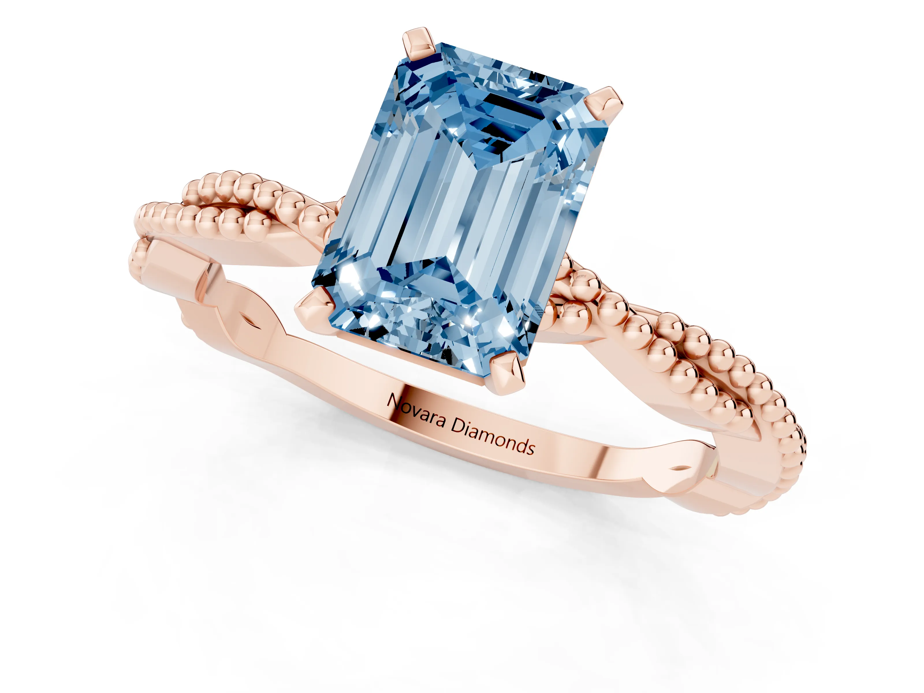 Fancy Blue Emerald Cut Diamond Solitaire Ring Set in Rose gold with Twisted Band and Bead Prong Setting