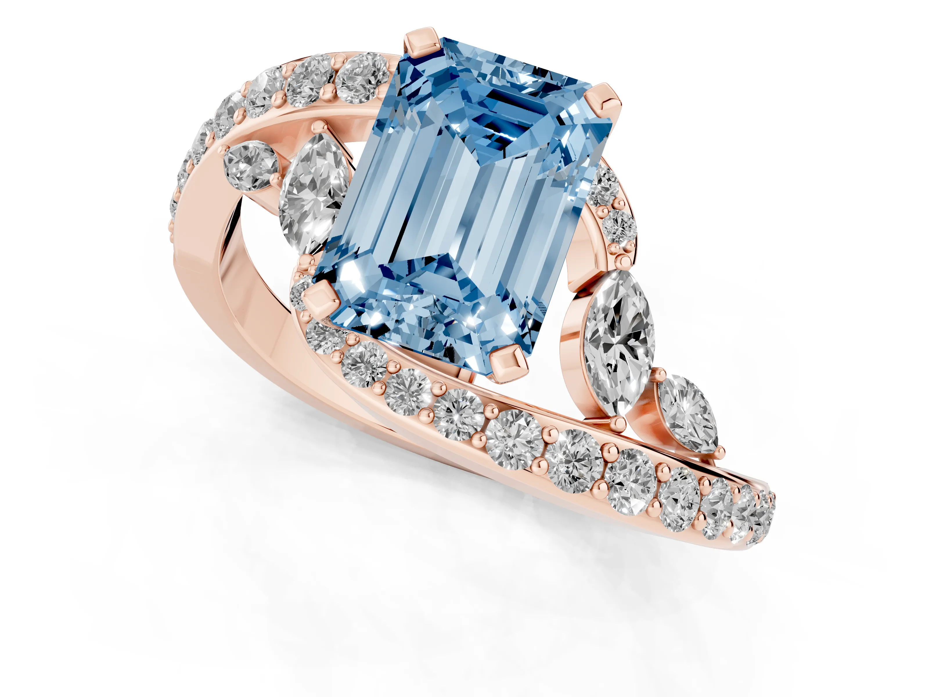 Fancy Blue Emerald Cut Diamond Solitaire Ring Set in Rose gold with Pavé Twist Band and Secure Prong Setting