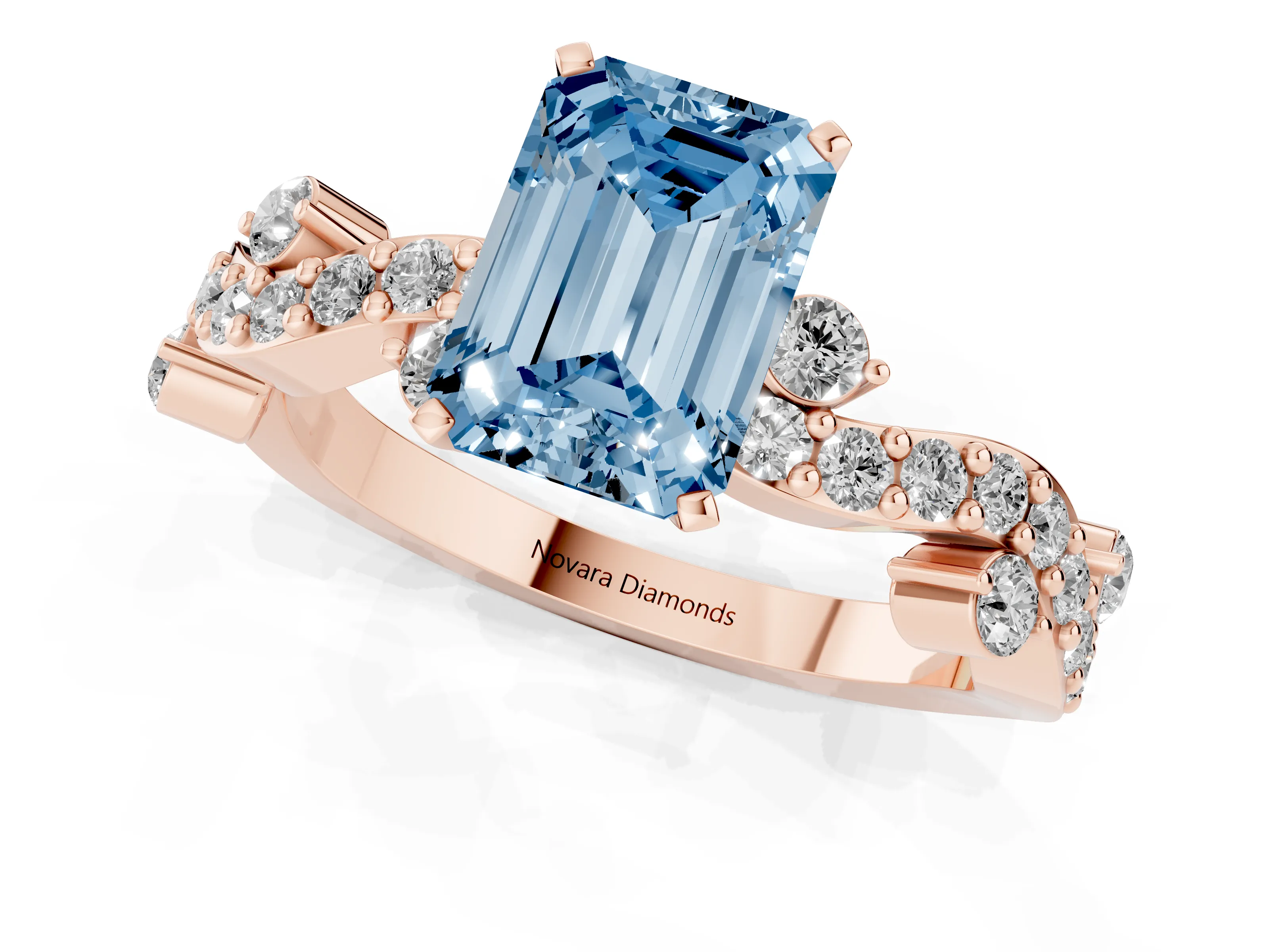 Fancy Blue Emerald Cut Diamond Solitaire Twisted Band Set in Rose gold with Pavé Setting