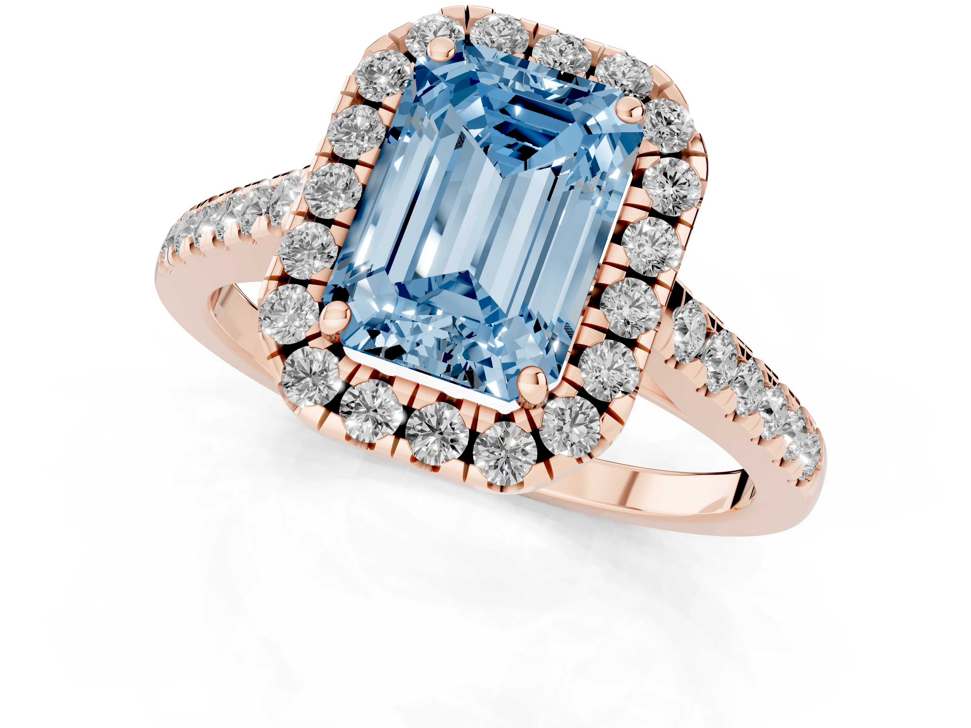 Fancy Blue Emerald Cut Diamond Halo Pavé Engagement Ring Set in Rose gold with Prong Setting