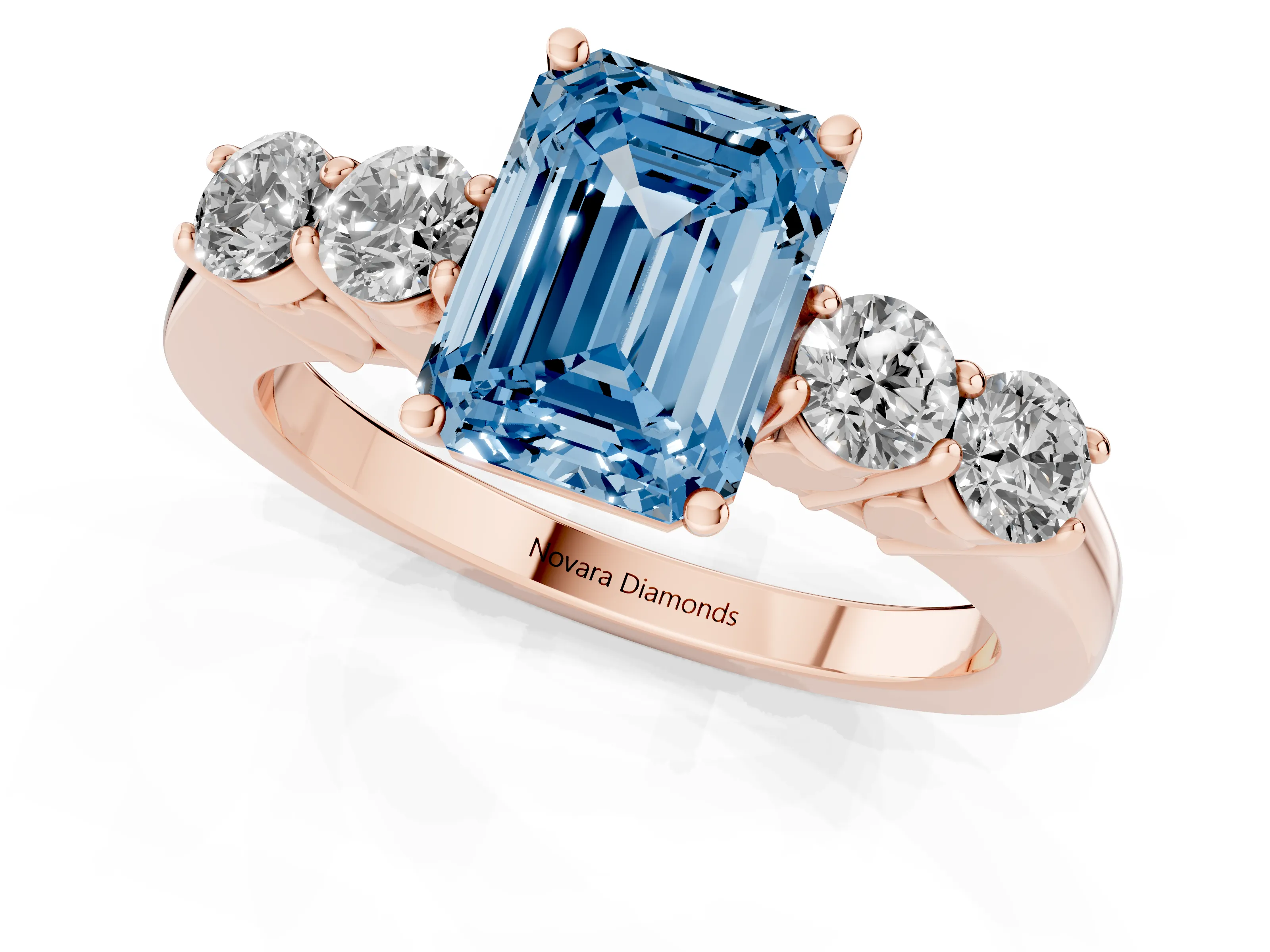 Fancy Blue Emerald Cut Diamond Five-Stone Prong Set Band Ring Set in Rose gold with Polished Band