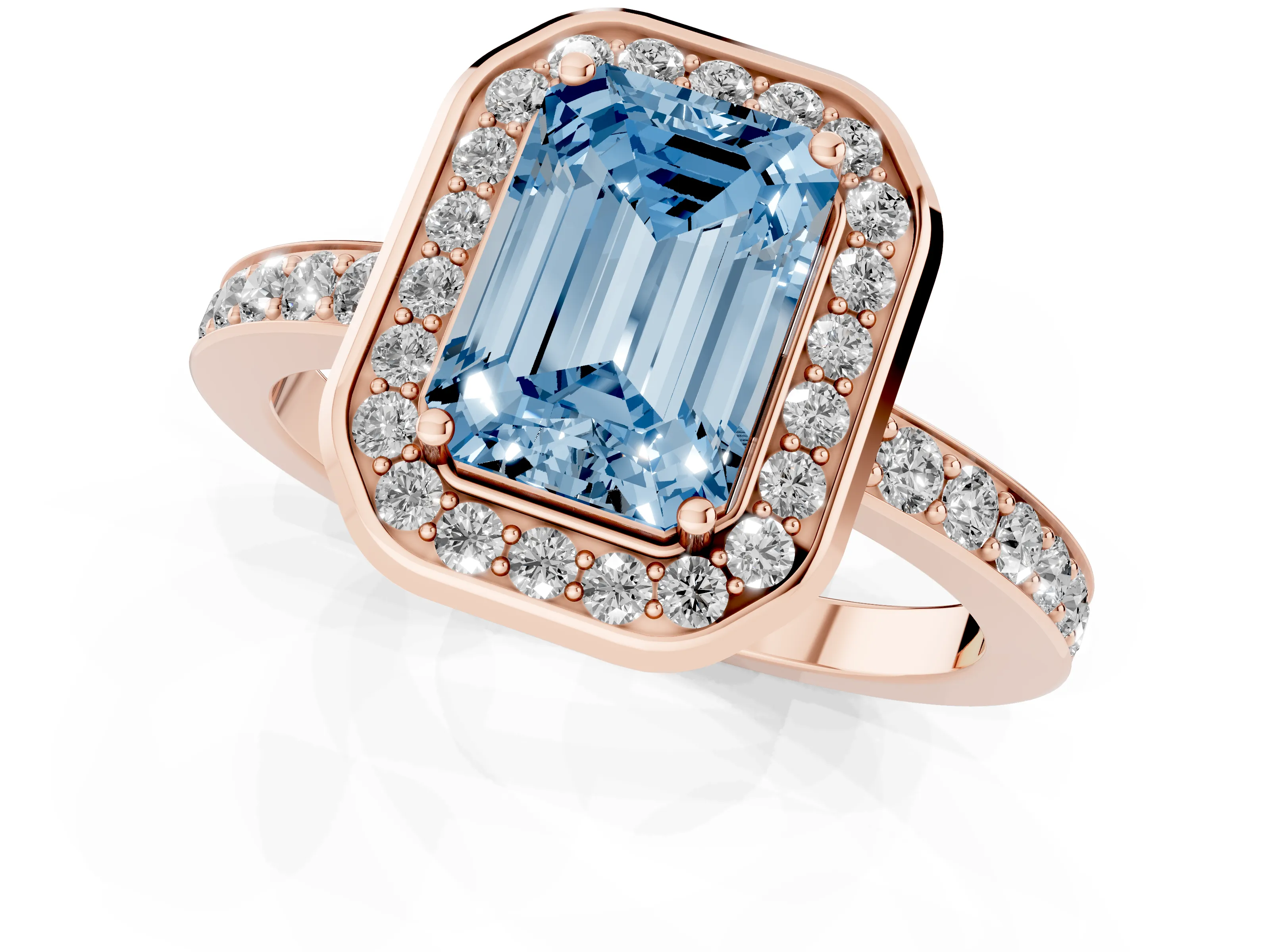 Fancy Blue Emerald Cut Diamond Halo Ring Set in Rose gold with Bezel Frame and Pavé Band