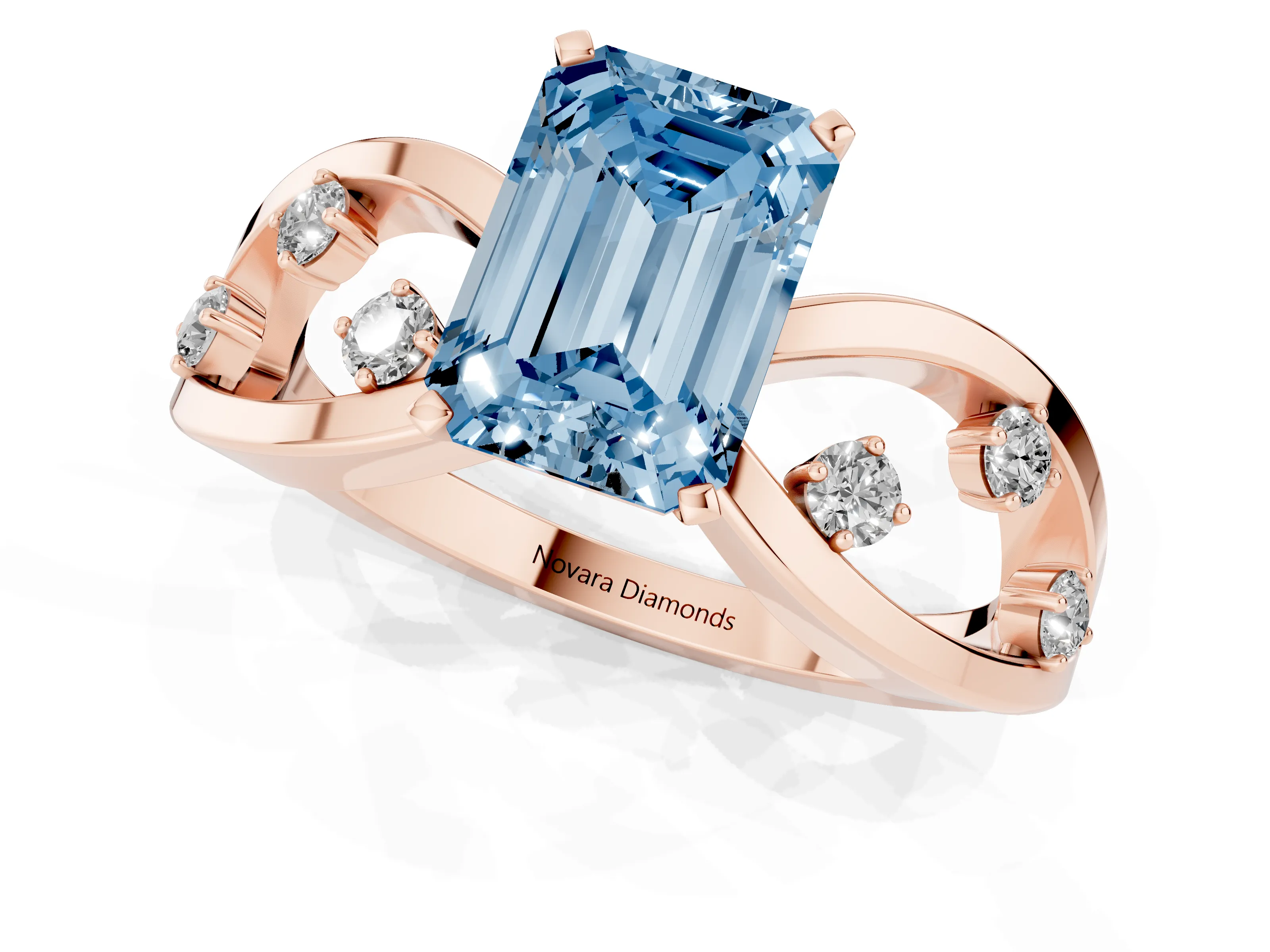 Fancy Blue Emerald Cut Diamond Solitaire Ring Set in Rose gold with Side Stones on Criss-Cross Band and Prong Setting