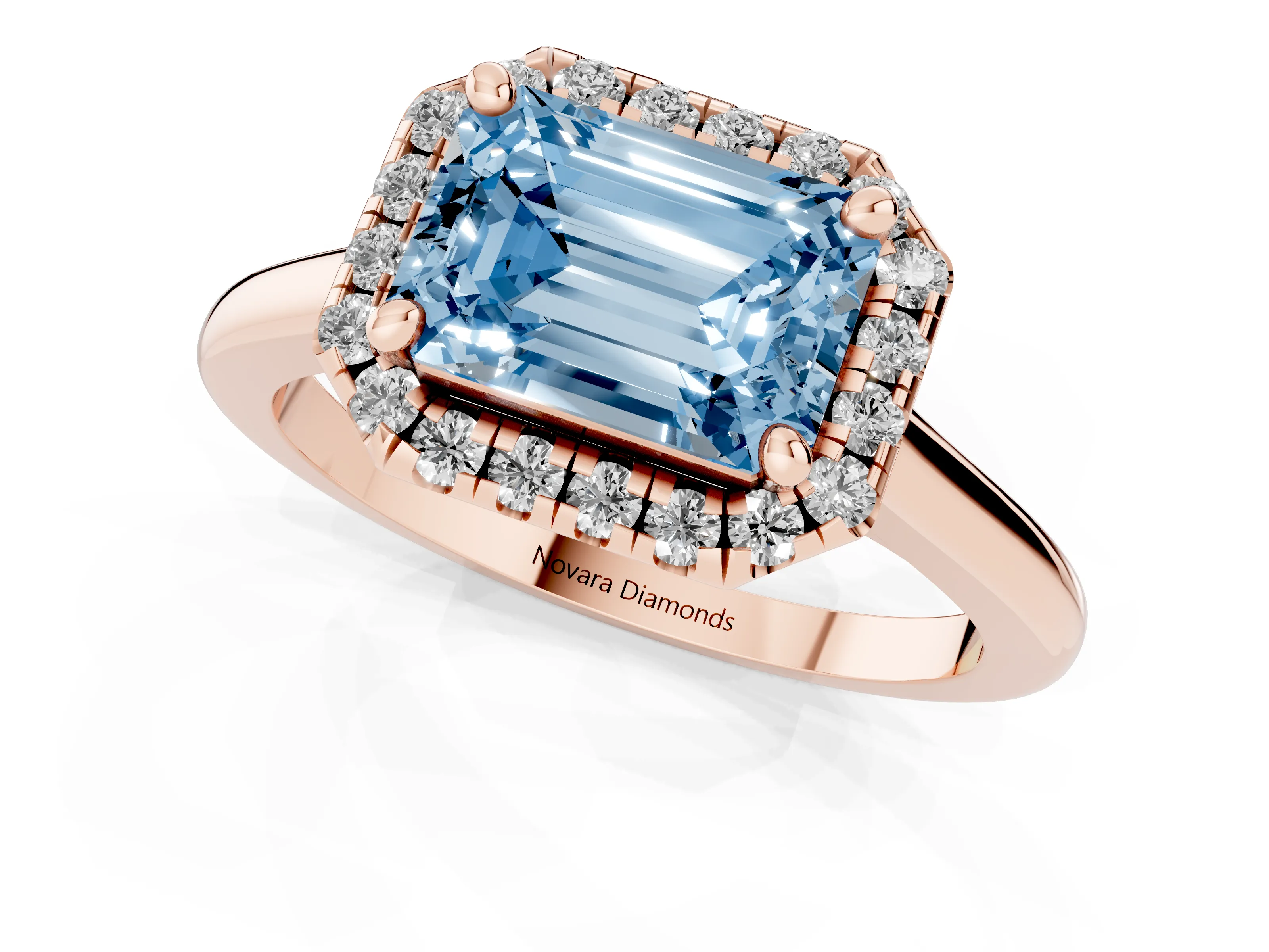 Fancy Blue Emerald Cut Diamond Halo Engagement Ring Set in Rose gold with Pavé Band and Rising Shoulders