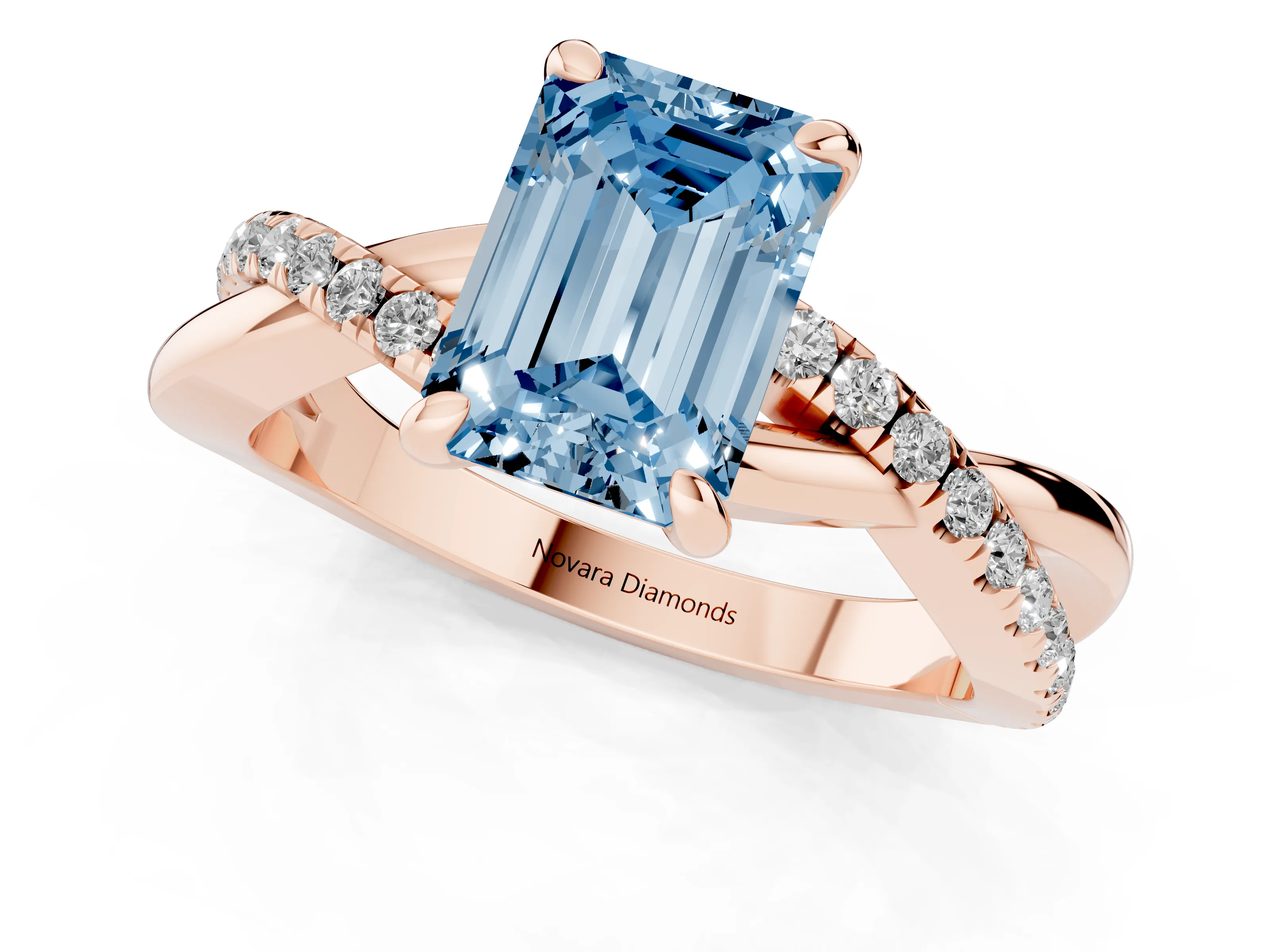 Fancy Blue Emerald Cut Diamond Twist Band Pavé Solitaire Ring Set in Rose gold with Prong Setting