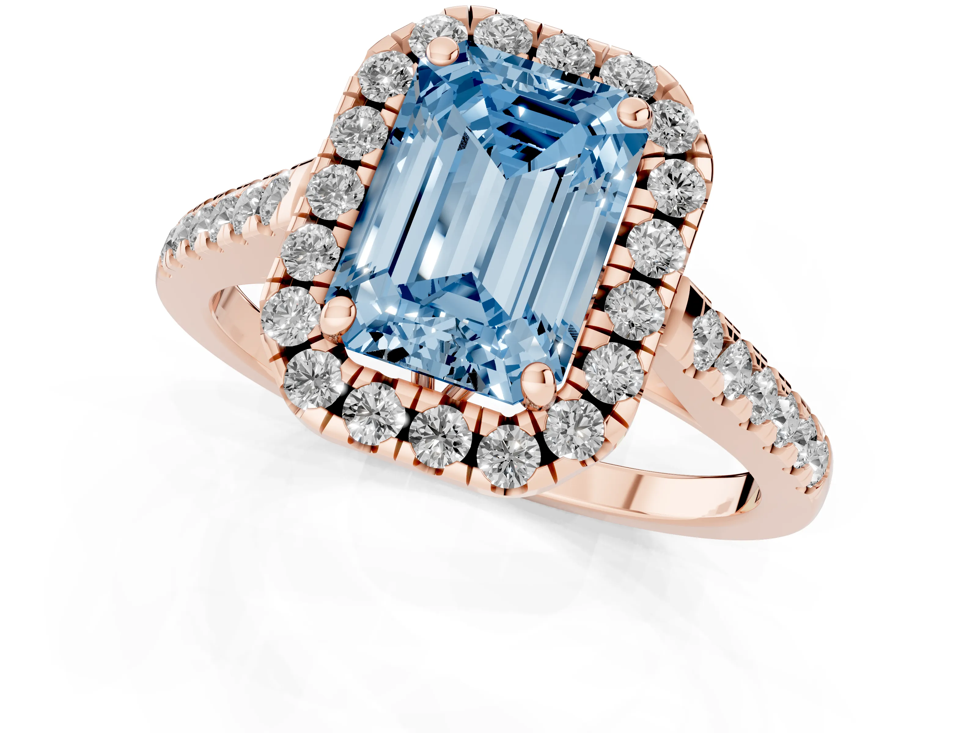 Fancy Blue Emerald Cut Diamond Pavé Halo Engagement Ring Set in Rose gold with Pavé Band and Prong Setting