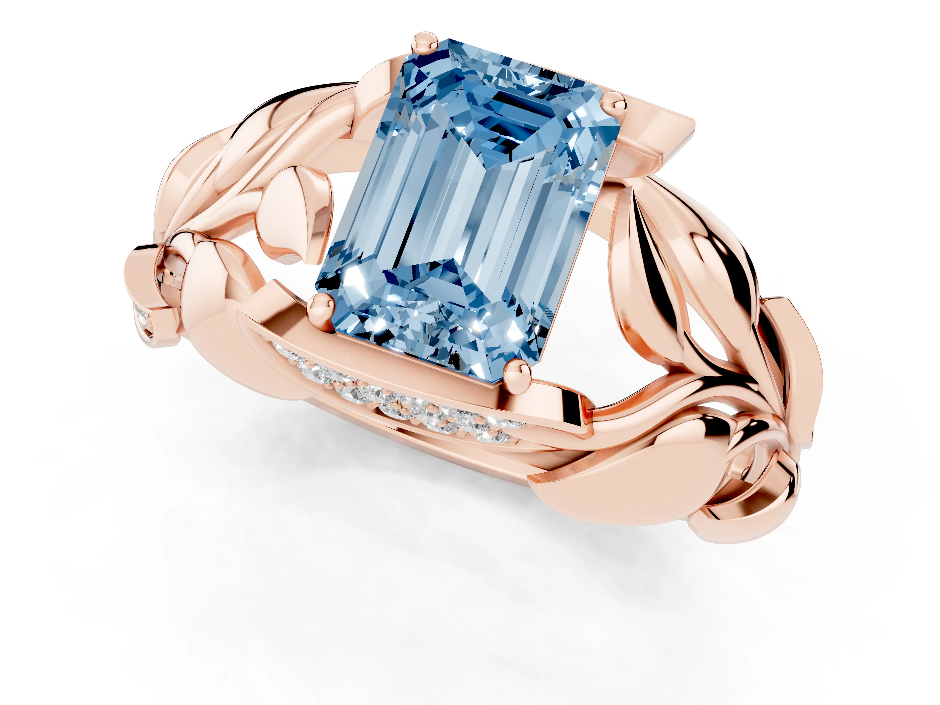 Fancy Blue Emerald Cut Diamond Leaf-Inspired Engagement Ring Set in Rose gold with Round Accents