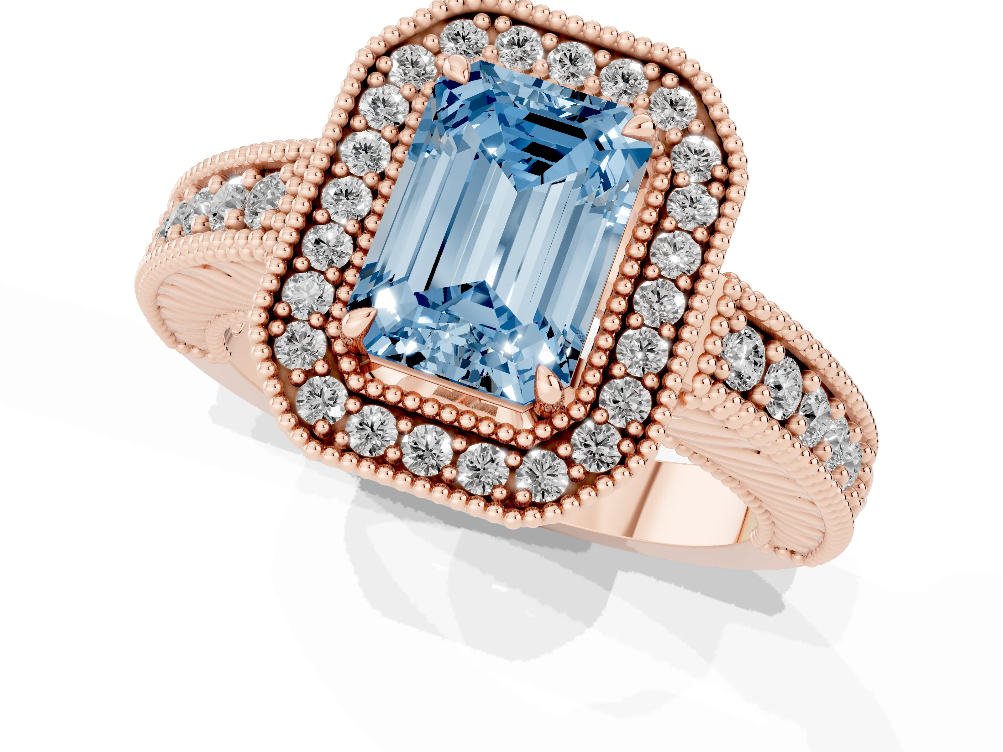 Fancy Blue Emerald Cut Diamond Halo Ring Set in Rose gold with Round Accent Halo, Pavé Band and Prong Setting