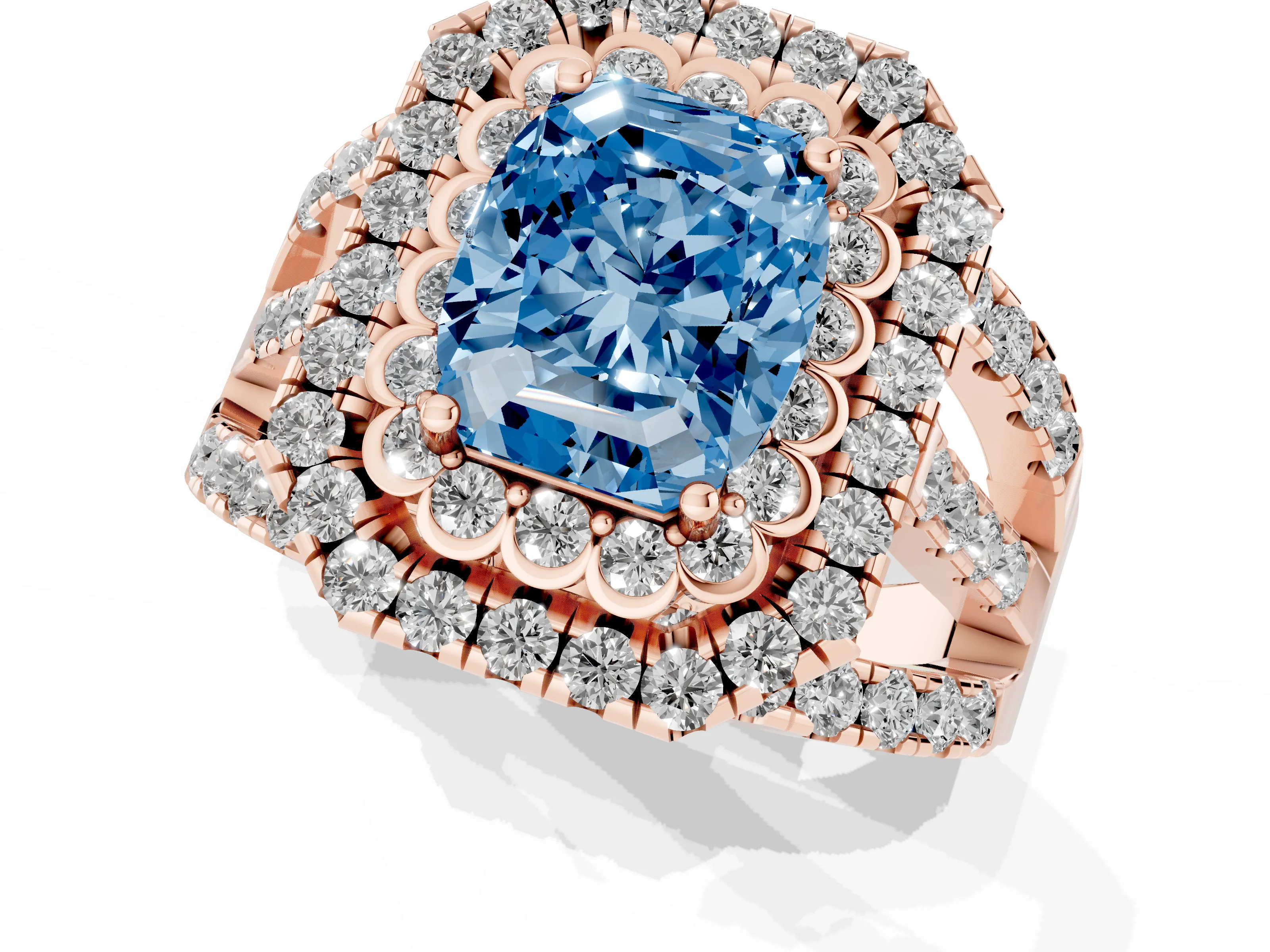 Fancy Blue Emerald Cut Diamond Double Halo Ring Set in Rose gold with Round Pavé Split Shank