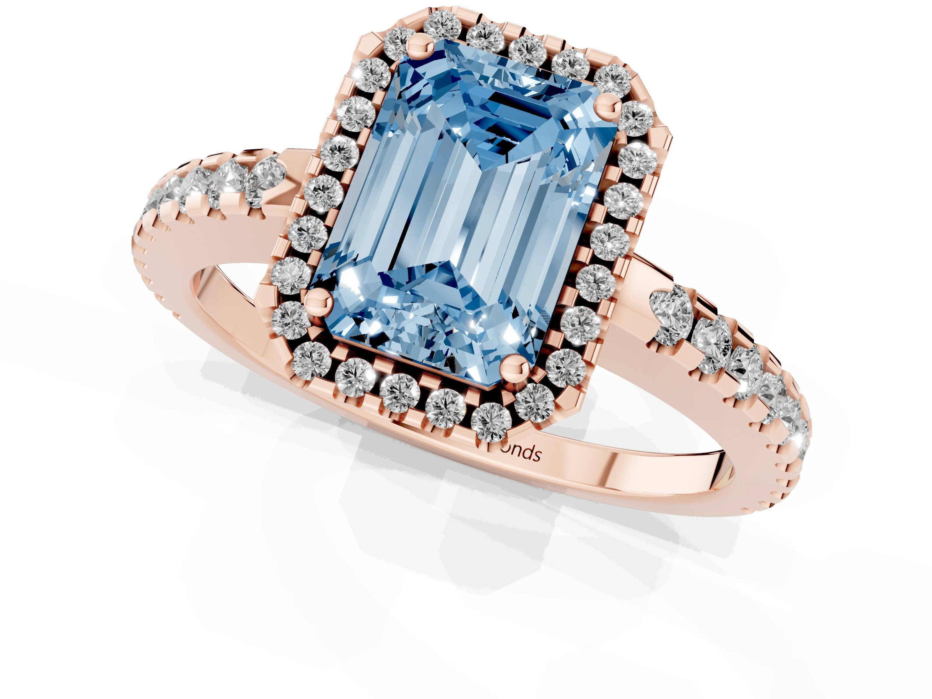 Fancy Blue Emerald Cut Diamond Halo Ring Set in Rose gold with Pavé Shoulders and Halo-Framed Center